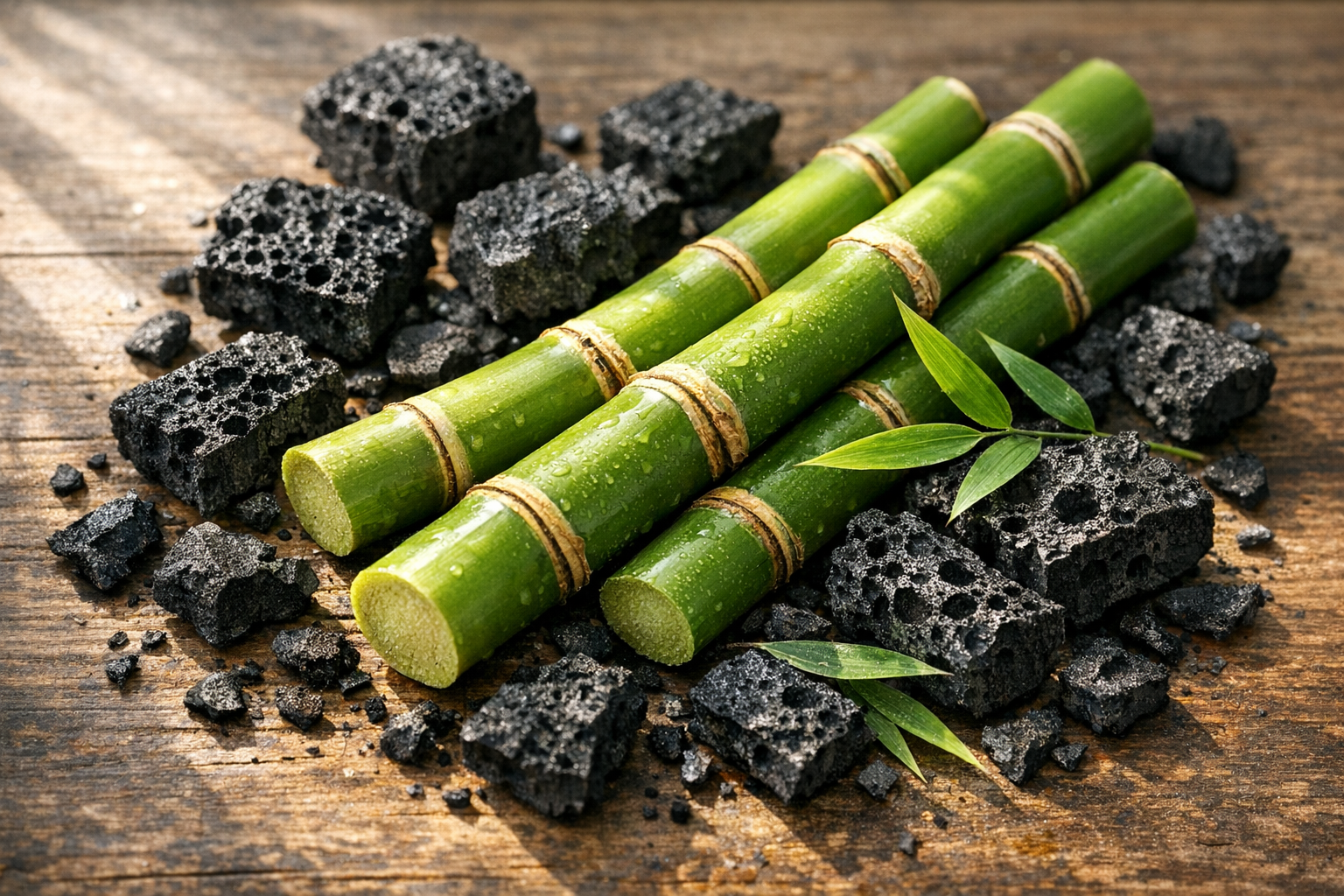 A close-up overhead shot of fresh green bamboo stalks lying on a rustic wooden surface, with pieces of black porous activated charcoal scattered artfully around them, creating a striking contrast between the natural pale green bamboo and the deep black charcoal pieces. Natural window light streams across the scene from the left side, casting soft shadows and highlighting the texture of both materials. The bamboo stalks show their characteristic segmented joints and smooth surface, while the charcoal pieces display their rough, honeycomb-like porous structure. A few bamboo leaves are scattered in the composition, and the shallow depth of field keeps the focus on the main materials in the center, with a gently blurred background suggesting a minimalist, earth-toned kitchen or workspace environment.