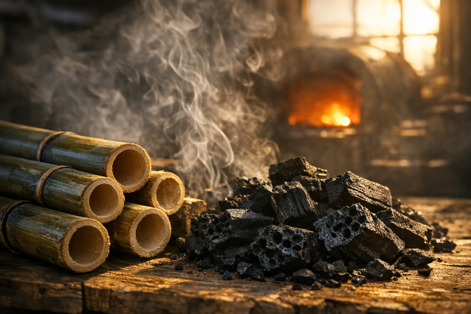 A close-up shot of raw bamboo stalks arranged beside dark, porous activated charcoal pieces on a rustic wooden surface, with dramatic side lighting creating strong shadows and highlighting the textural contrast between the smooth, natural bamboo segments and the rough, honeycomb-like structure of the black charcoal chunks. Steam or smoke wisps rise gently in the background, creating an atmospheric haze that catches the golden hour sunlight streaming through an industrial workshop window. The composition shows the transformation process visually through the juxtaposition of materials, with shallow depth of field keeping focus on the foreground elements while a blurred kiln or furnace glows warmly in the background, suggesting heat and transformation without any visible text or signage.