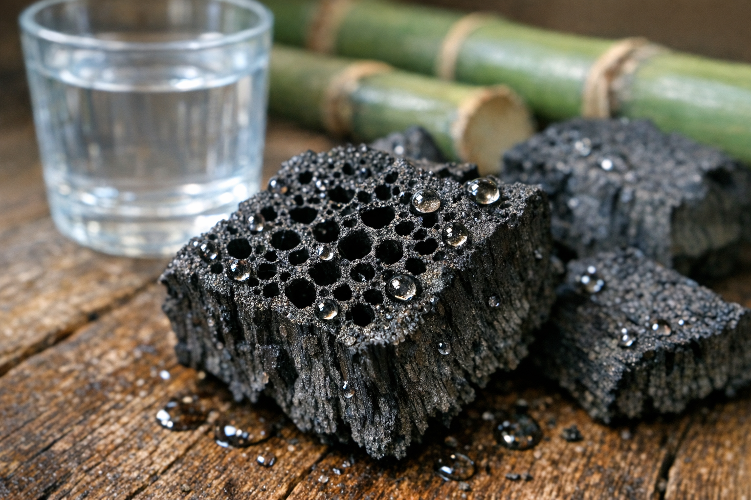 A close-up macro photograph of freshly processed bamboo charcoal pieces arranged on a rustic wooden surface, shot in natural window light. The main focus is on the intricate honeycomb-like porous structure of the charcoal, with shallow depth of field revealing countless tiny cavities and holes across its matte black surface. Water droplets bead on the charcoal's textured exterior, catching the soft morning light. In the background, slightly out of focus, a clear glass of purified water sits beside raw bamboo stalks, creating a natural before-and-after composition. The lighting is soft and diffused, casting gentle shadows that emphasize the three-dimensional texture of the porous charcoal structure. The color palette features deep blacks contrasted with warm wood tones and crystal-clear water, shot from a 45-degree angle with authentic smartphone photography aesthetics.