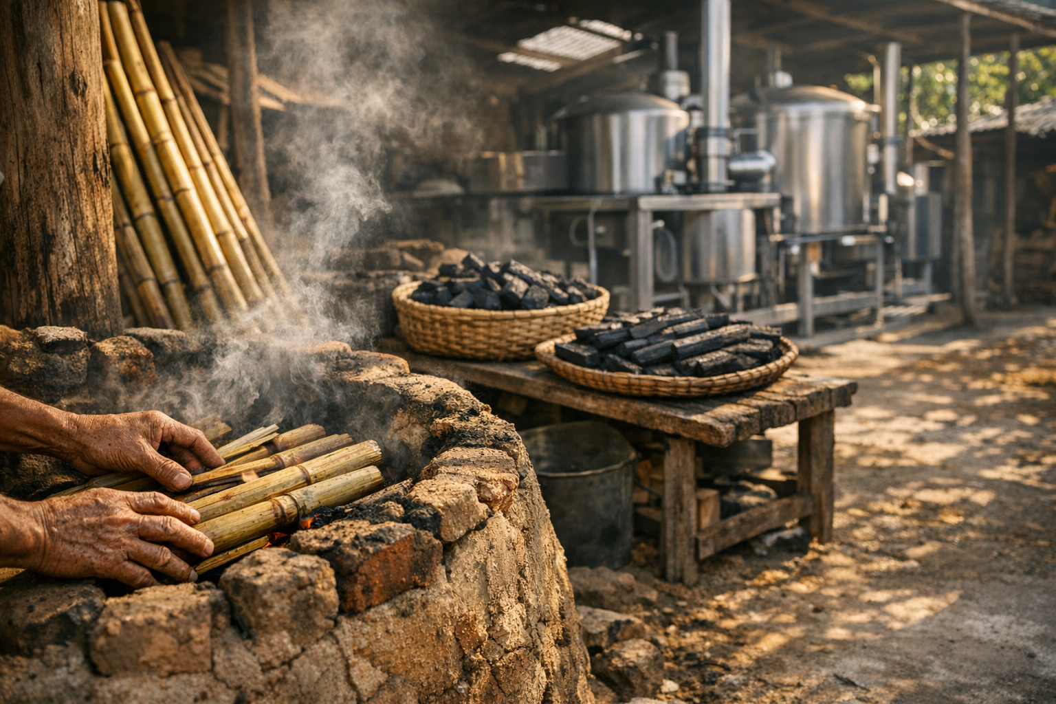 A split-scene photograph showing traditional bamboo charcoal production alongside modern manufacturing, captured in warm natural daylight streaming through an open-air workshop. In the foreground, weathered hands of an artisan arrange split bamboo stalks in a traditional earthen kiln built from clay bricks, smoke gently rising from vents. The middle ground shows the contrast with a contemporary metal kiln system with clean geometric lines and polished surfaces. Raw golden bamboo poles lean against rustic wooden posts on one side, while finished jet-black charcoal pieces are displayed in woven baskets on aged wooden tables. Dappled sunlight filters through a partially covered workspace, creating dramatic shadows across the dirt floor mixed with concrete sections. The composition captures the intersection of old and new methods, with natural textures of bamboo, clay, metal, and wood throughout the frame. Shallow depth of field emphasizes the craftsperson's hands in the foreground while the modern equipment softly blurs in the background, shot with the authentic imperfection and warm tones characteristic of documentary-style Instagram photography.