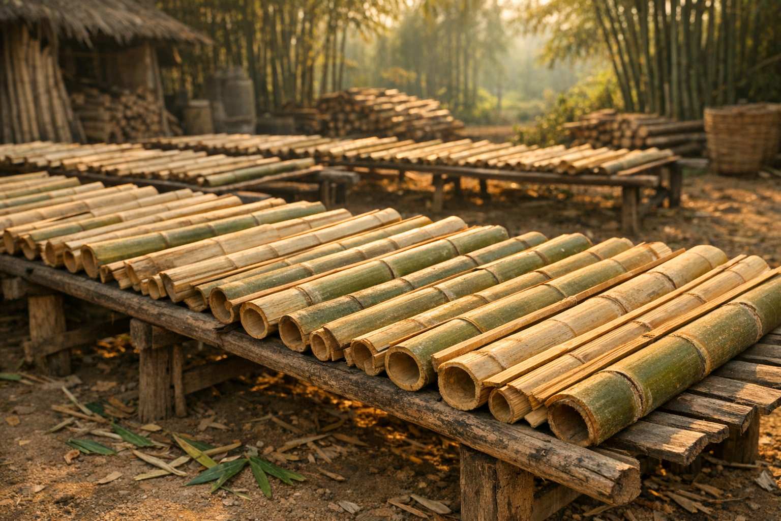 A rustic outdoor scene showing freshly cut bamboo stalks laid out in neat rows on elevated wooden drying racks under bright natural sunlight, with dappled shadows cast across the pale yellow-green bamboo pieces. The setting appears to be in a rural Asian countryside with a traditional bamboo processing area, where split bamboo segments of various sizes are arranged systematically to air dry. Morning golden hour light filters through surrounding bamboo groves in the soft-focused background, creating an authentic documentary-style composition. The foreground shows the texture and natural grain of the raw bamboo clearly visible, with some pieces appearing fresher and greener while others show signs of drying with slightly darker, more golden tones. A few bamboo leaves scattered naturally on the ground add organic detail to this candid, unposed agricultural scene captured in warm, natural lighting typical of lifestyle photography.
