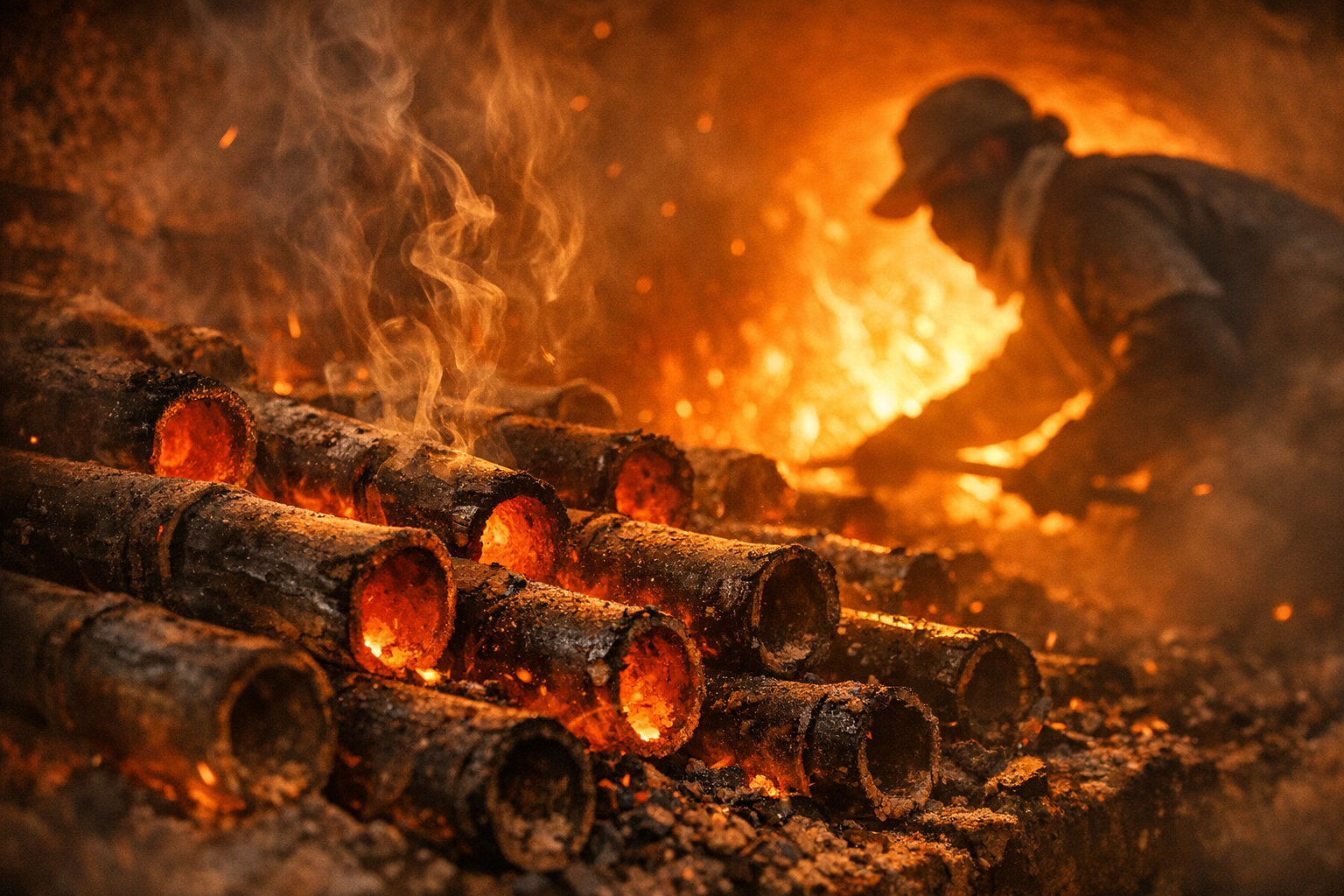 A dramatic close-up shot of glowing orange and red hot bamboo pieces inside a traditional kiln, with intense flames and embers visible in the background. The scene captures the carbonization process with natural firelight illuminating thick bamboo stalks arranged in layers, their surfaces beginning to char and turn black while inner sections still radiate with heat. Wisps of smoke curl upward through the frame, creating an atmospheric haze. In the slightly blurred background, a worker in protective gear tends to the kiln opening, their silhouette backlit by the intense glow. The composition emphasizes the raw, industrial beauty of the process with warm amber and deep orange tones dominating the frame, shot in a candid documentary style with shallow depth of field that draws focus to the transforming bamboo in the foreground.