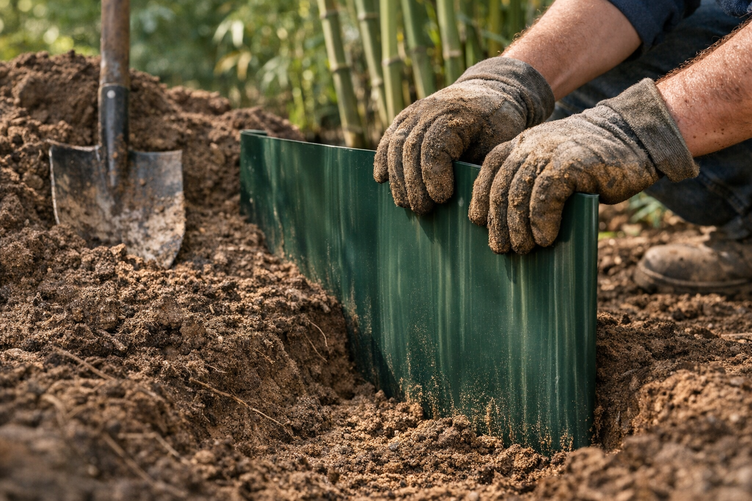 A ground-level outdoor photograph showing a person's gloved hands installing a thick, dark green plastic barrier sheet vertically into freshly dug soil in a residential garden. The barrier material is rigid and extends deep into the rich brown earth, with bamboo stalks visible in soft focus in the background. Natural afternoon sunlight filters through the garden, casting dappled shadows across the work area. Garden tools like a shovel rest against the soil pile nearby, and the scene captures the authentic, slightly muddy reality of outdoor landscaping work with dirt-covered gloves and disturbed earth around the installation site.