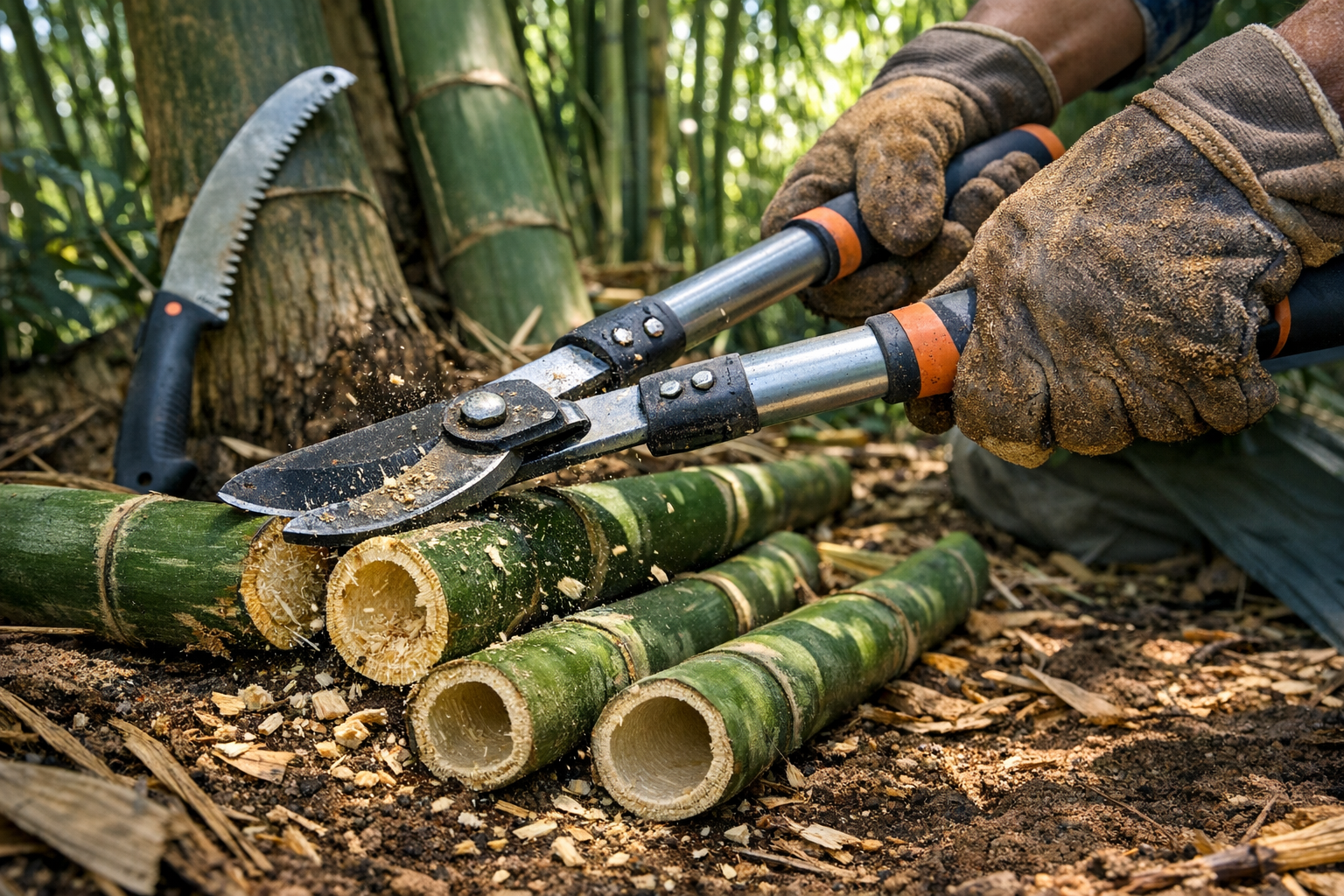 A close-up outdoor photograph of gloved hands using heavy-duty loppers to cut through thick green bamboo stalks in a dense grove, with freshly cut bamboo culms lying on the ground surrounded by fallen leaves and soil. Natural sunlight filters through the bamboo canopy above, creating dappled shadows on the earth below. A pruning saw rests against a large bamboo trunk in the background, while the photographer captures the action from a low angle showing the physical effort of cutting through the thick, woody stems. The scene shows a real gardening moment with dirt-covered work gloves gripping the metal loppers mid-cut, wood chips scattered around, and the characteristic segmented texture of bamboo stalks visible in sharp detail under bright daylight conditions.