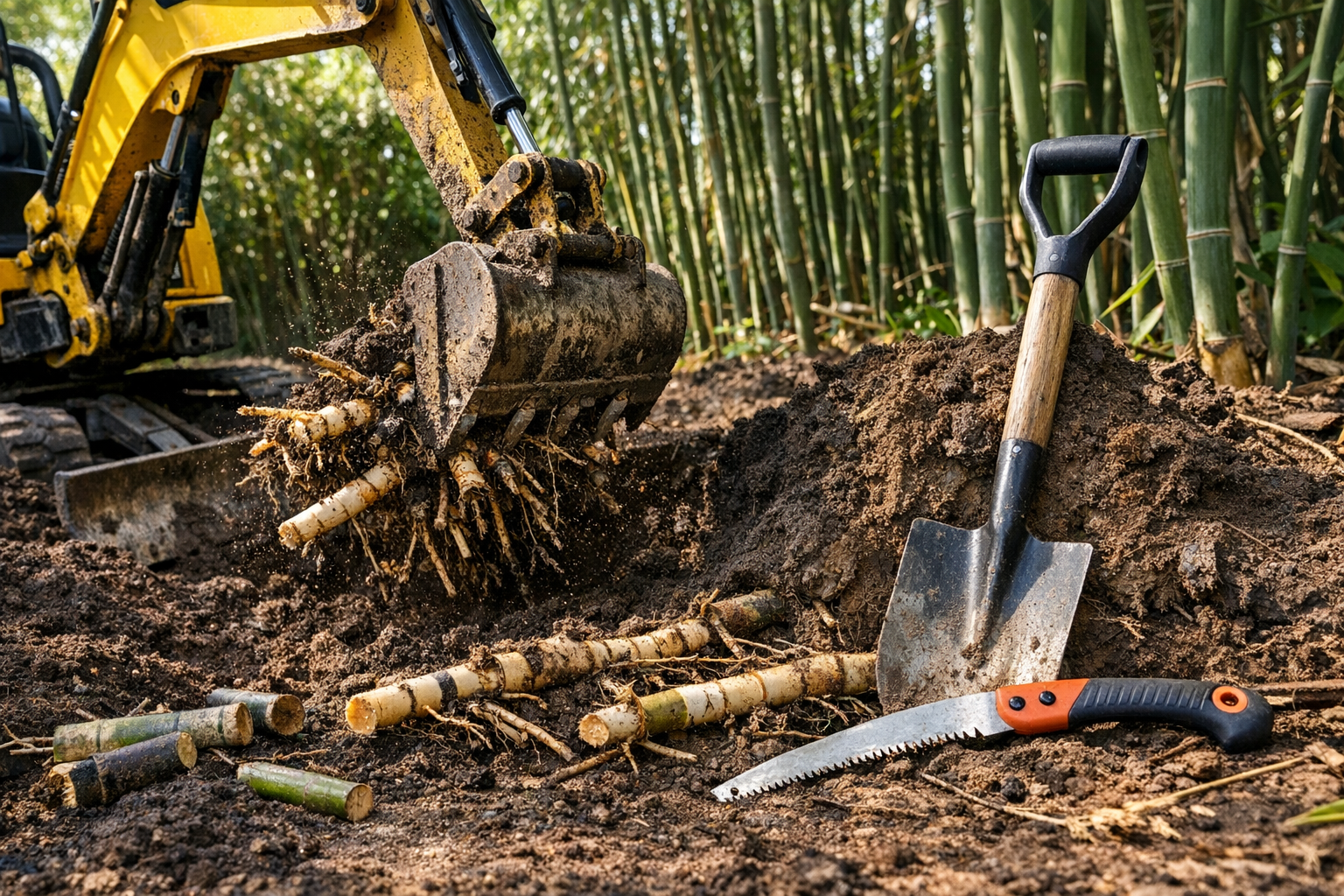 A ground-level outdoor photograph showing a bright yellow mini excavator with its metal bucket digging into dark, rich soil where thick bamboo rhizomes and root systems are being unearthed, surrounded by tall green bamboo stalks and culms in the background. In the foreground, basic garden hand tools including a sharp spade and pruning saw rest against freshly dug earth beside exposed white and tan colored bamboo roots and underground stems. Natural morning sunlight filters through the bamboo canopy creating dappled shadows on the disturbed soil, with small piles of excavated dirt and severed bamboo segments scattered around the work area. The scene captures an authentic backyard removal project in progress with realistic textures of soil, roots, and bamboo plants in sharp focus, shot from a low angle to emphasize both the machinery and manual tools side by side.