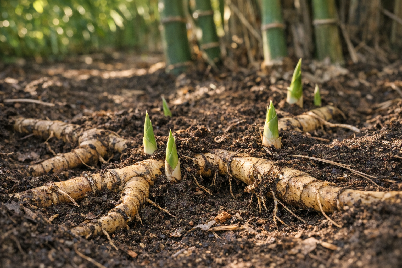 A close-up ground-level photograph showing thick, pale yellowish-brown bamboo rhizomes breaking through rich dark soil in a backyard garden, with fresh green bamboo shoots emerging from the underground root system. The scene captures multiple interconnected root structures spreading horizontally beneath the earth's surface, some partially exposed by disturbed soil. Natural afternoon sunlight filters through established bamboo canes visible in the soft-focus background, creating dappled shadows across the dirt. The composition emphasizes the extensive underground network with gnarled, finger-like rhizomes twisting through the earth, highlighting the aggressive spreading nature of the plant. Shot with shallow depth of field in authentic outdoor gardening photography style, with visible soil texture and organic matter scattered around the root system.