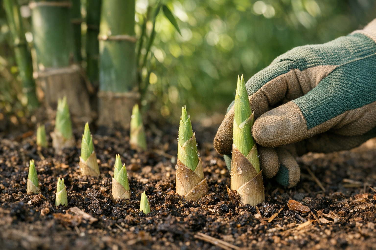 A close-up garden photography shot capturing fresh green bamboo shoots emerging from rich dark soil, with established bamboo culms visible in soft focus in the background. The scene shows vibrant spring growth with multiple young shoots at different stages of emergence, their pale green tips breaking through the earth. Natural morning sunlight filters through the bamboo canopy above, creating dappled shadows on the ground. The composition emphasizes the vigorous upward growth pattern of the shoots, with some reaching several inches tall while others are just beginning to emerge. The foreground features detailed texture of the bamboo shoot's protective sheaths, with dewdrops still clinging to the surfaces. A gardener's gloved hand reaches into the frame from the side, examining one of the emerging shoots. The depth of field creates an authentic documentary-style garden photograph with earthy tones of green, brown, and beige dominating the natural outdoor scene.