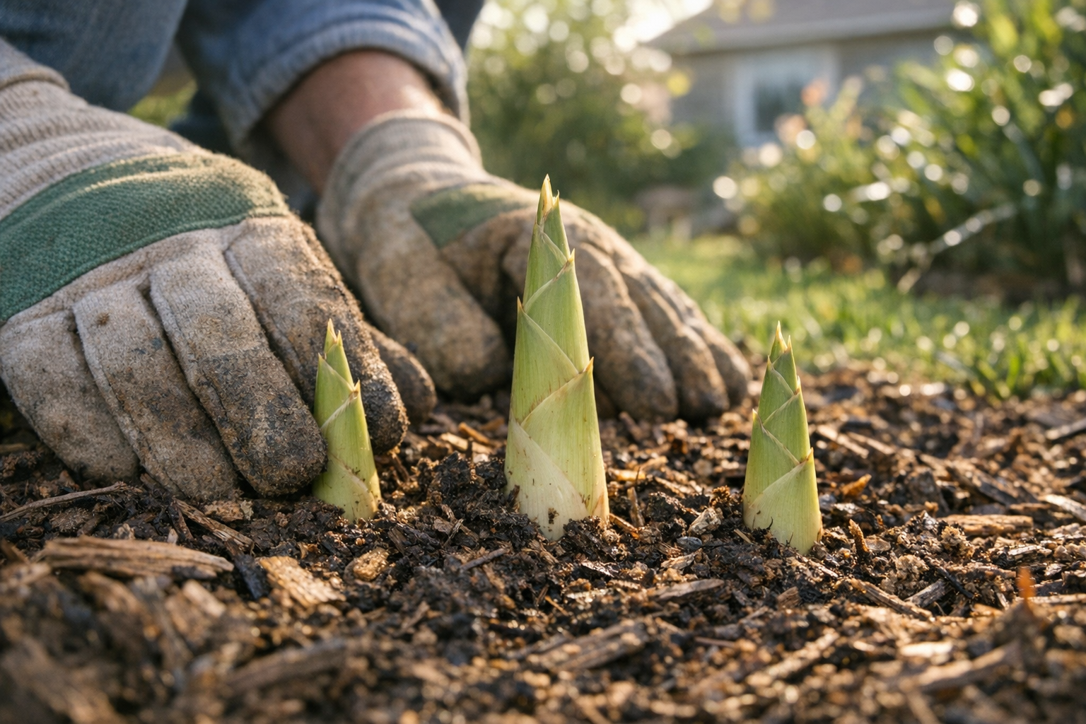 A close-up ground-level photograph of someone's gloved hands carefully examining fresh bamboo shoots emerging from rich, dark soil in a residential backyard setting. The morning sunlight filters through surrounding vegetation, casting dappled shadows across the earth. The young bamboo shoots are pale green and tender, just breaking through the mulched garden bed. In the soft-focused background, a home garden landscape is visible with grass and established plants. The composition captures the authentic moment of early detection during yard maintenance, with natural lighting highlighting the texture of the soil, the delicate shoots, and the gardener's weathered work gloves. The photo has that candid, real-life quality typical of gardening documentation shared on social media, shot from a kneeling perspective that shows the intimate scale of preventative yard work.