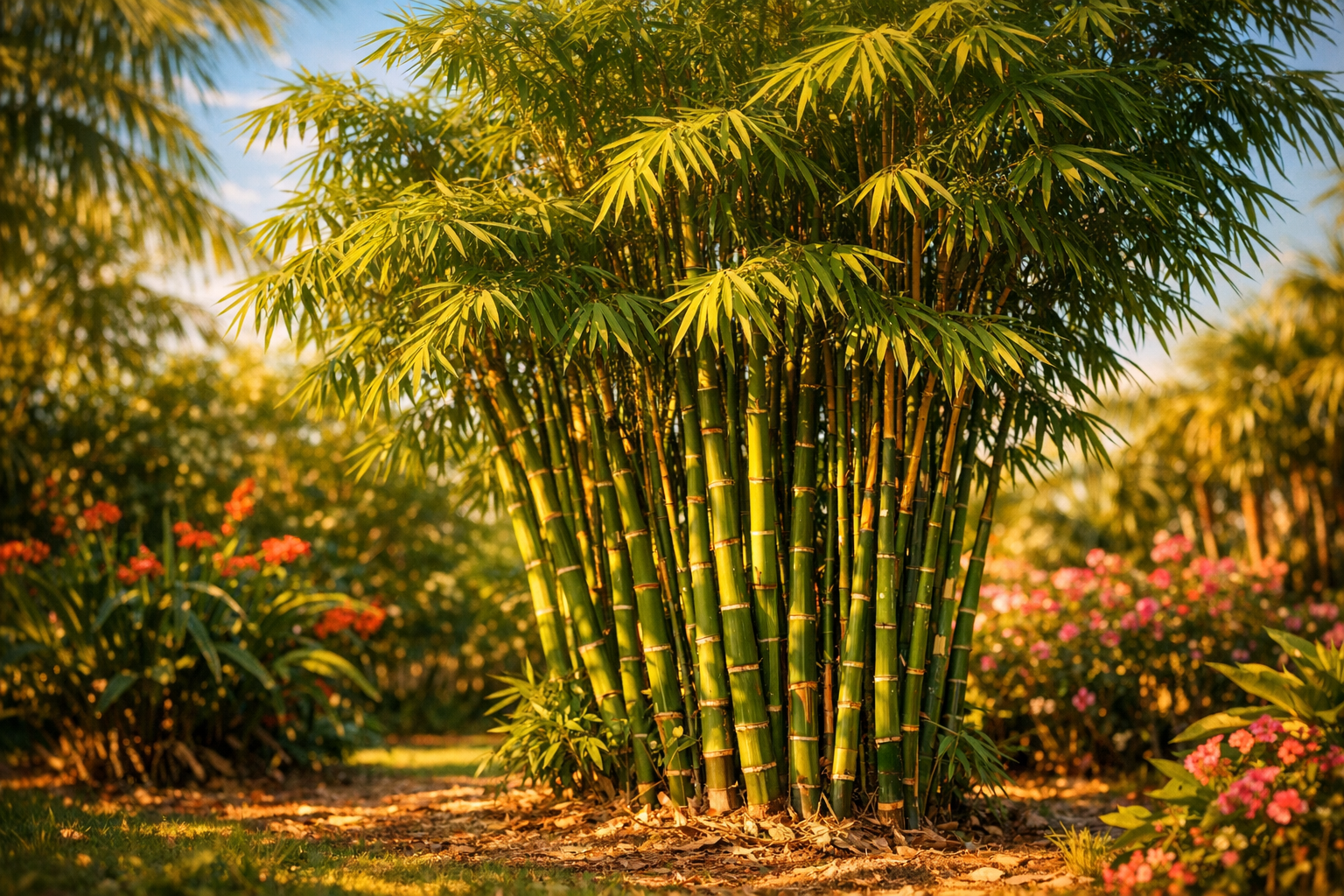 A sunlit garden scene showcasing dense clusters of clumping bamboo plants with their characteristic tight, compact growth pattern, their vibrant green culms and delicate feathery leaves swaying gently in warm tropical air, shot from a mid-level angle that captures the full height and lush canopy of the bamboo grove against a bright blue sky, with dappled sunlight filtering through the foliage creating natural shadows on the ground below, surrounded by other warm-climate vegetation and flowering plants in the background, photographed during golden hour with that authentic Instagram aesthetic showing rich greens and warm natural tones, shallow depth of field keeping the bamboo stalks in sharp focus while softly blurring the background elements