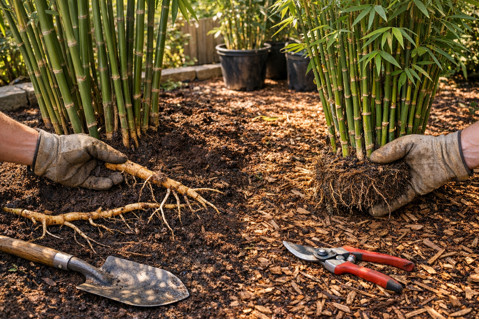 A serene garden scene captured in soft morning light showing two distinct bamboo varieties growing side by side in a well-maintained backyard, one section featuring tall spreading bamboo with visible underground rhizomes emerging from rich dark soil, while the adjacent section displays clumping non-invasive bamboo growing in a neat, contained formation. A gardener's hands wearing earth-stained gloves are gently examining the root systems of both types, with garden tools like a spade and pruning shears resting on the ground nearby. The composition emphasizes the stark contrast between the two growth patterns, with dappled sunlight filtering through the bamboo leaves creating natural shadows on the mulched ground, while potted bamboo specimens sit in the background awaiting planting, all photographed from a slightly elevated angle that captures the authentic, educational moment of making an informed gardening decision.