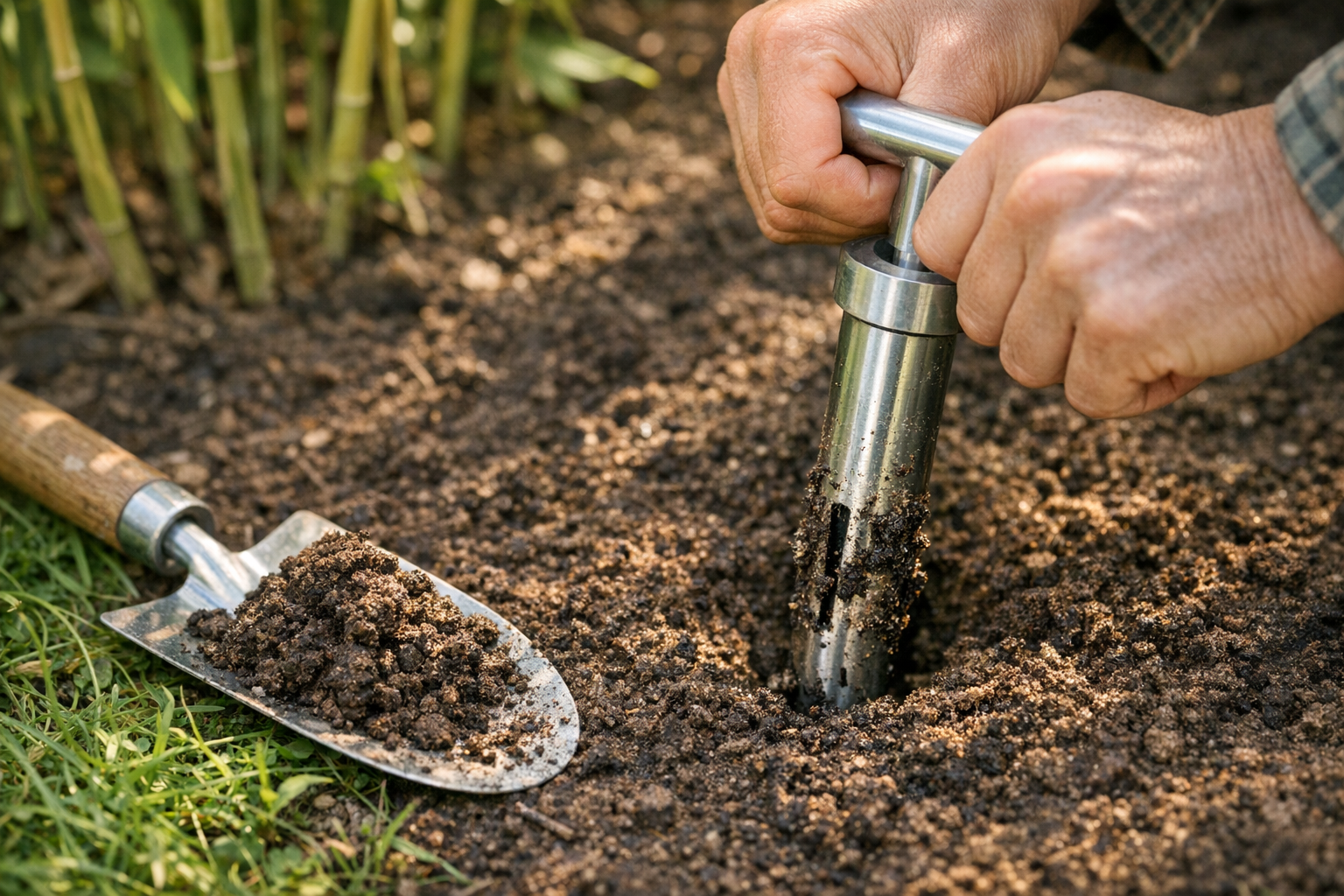 A close-up overhead shot of a gardener's hands pressing a metal soil testing probe into rich, dark earth in a backyard garden, with bamboo stalks visible softly blurred in the background. Natural morning sunlight filters through the foliage creating dappled shadows across the soil surface. Small clumps of moist dirt cling to the testing device as it penetrates the ground. Nearby, a small pile of freshly dug soil sits on a clean trowel resting on the grass. The composition shows authentic garden preparation work with earthy tones of brown, green, and silver, captured in natural outdoor lighting with shallow depth of field that keeps focus on the hands and soil testing action.