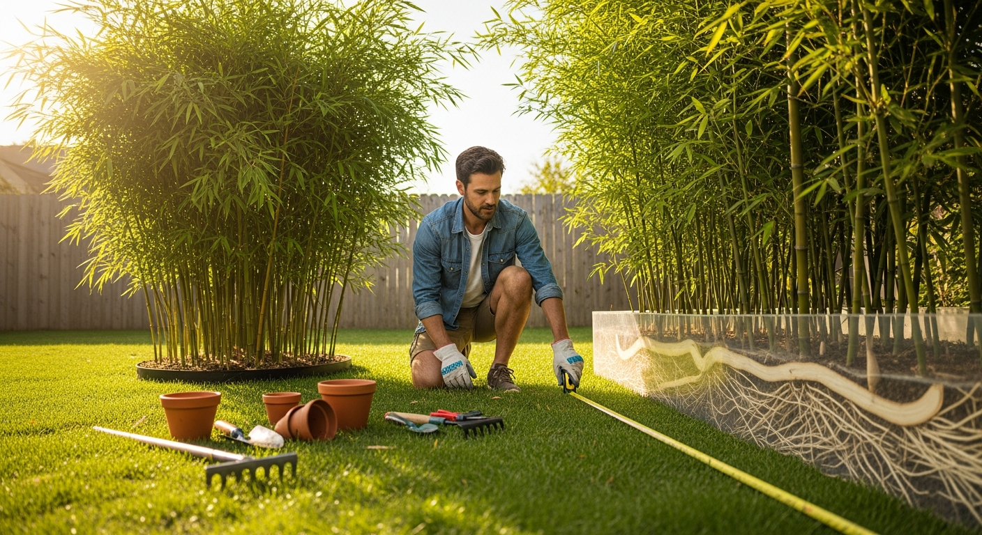 A sunlit backyard garden scene showing two distinct bamboo planting areas side by side, one section featuring tall clumping bamboo with tight, compact growth forming a neat circular cluster, and another section displaying running bamboo with visible rhizomes spreading horizontally beneath translucent soil in a cross-section view, a gardener in casual weekend clothes kneeling between them with a measuring tape stretched across the ground, garden tools and terracotta pots scattered nearby on lush green grass, golden afternoon light filtering through the bamboo canopy creating dappled shadows, a wooden fence in the soft-focus background, shot from a low angle with shallow depth of field in authentic lifestyle garden photography style