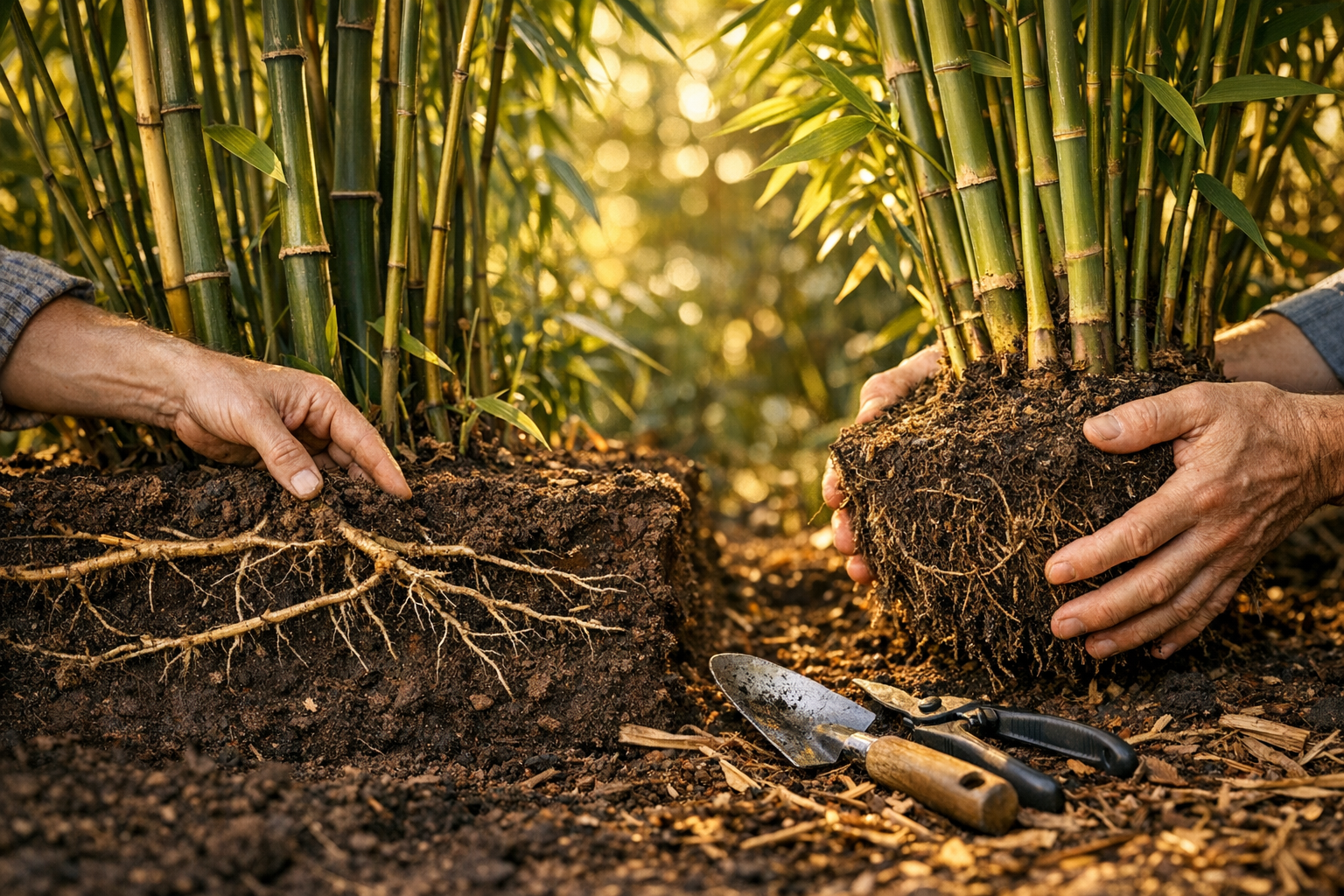A split garden scene photographed in golden hour sunlight showing two distinct bamboo varieties side by side, with a gardener's hands gently touching and comparing the different culms and root structures of running bamboo on the left with its spreading rhizomes visible in cross-section soil, and clumping bamboo on the right with its tight, compact root ball formation, both plants displaying lush green foliage at different heights and densities, shot from a low angle with shallow depth of field, natural outdoor lighting filtering through the canes creating dappled shadows on rich dark soil, garden tools resting nearby on mulched ground, authentic lifestyle gardening photography with earthy tones and organic composition