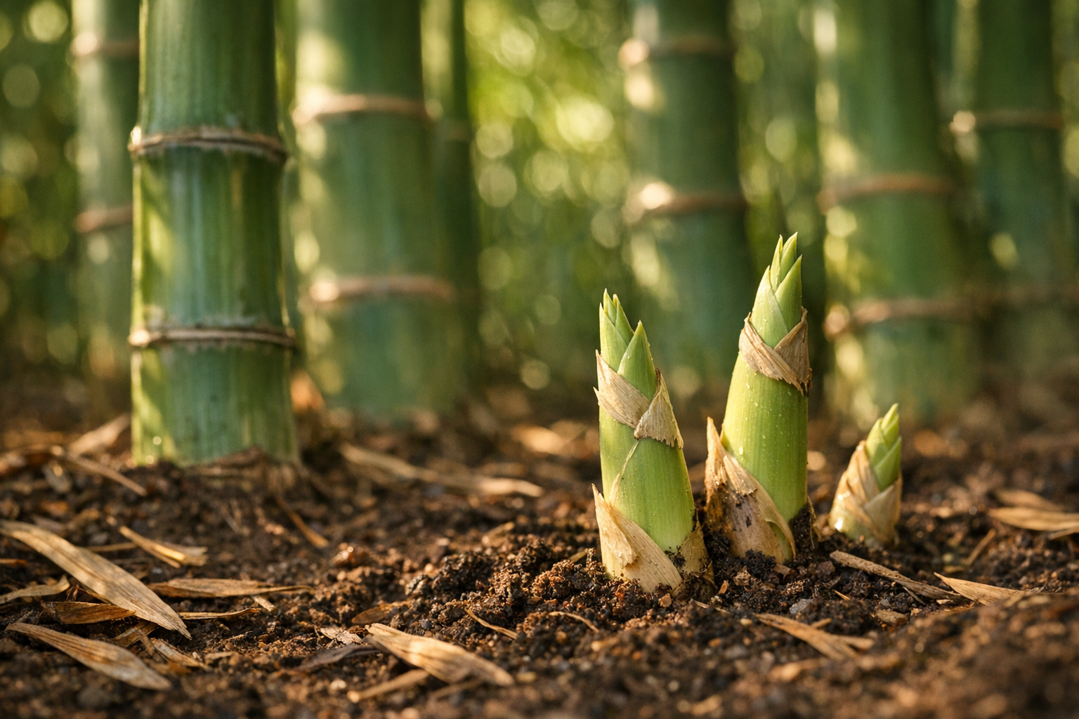 A close-up ground-level photograph of a bamboo grove in soft morning light, showing thick established bamboo canes with smooth green stalks in the background while delicate new bamboo shoots emerge from rich dark soil in the foreground, the young shoots displaying pale green coloring with protective papery sheaths still attached, their tips just beginning to unfurl, creating a natural contrast between mature towering stalks and fresh growth, dappled sunlight filtering through the canopy above casting gentle shadows on the forest floor covered with fallen bamboo leaves, shallow depth of field keeping focus on the emerging shoots while the established grove creates a soft bokeh backdrop, captured with the authentic aesthetic of garden photography shared on social media, natural earth tones of brown soil, various shades of green foliage, and golden hour lighting creating warm highlights on the bamboo's glossy surface
