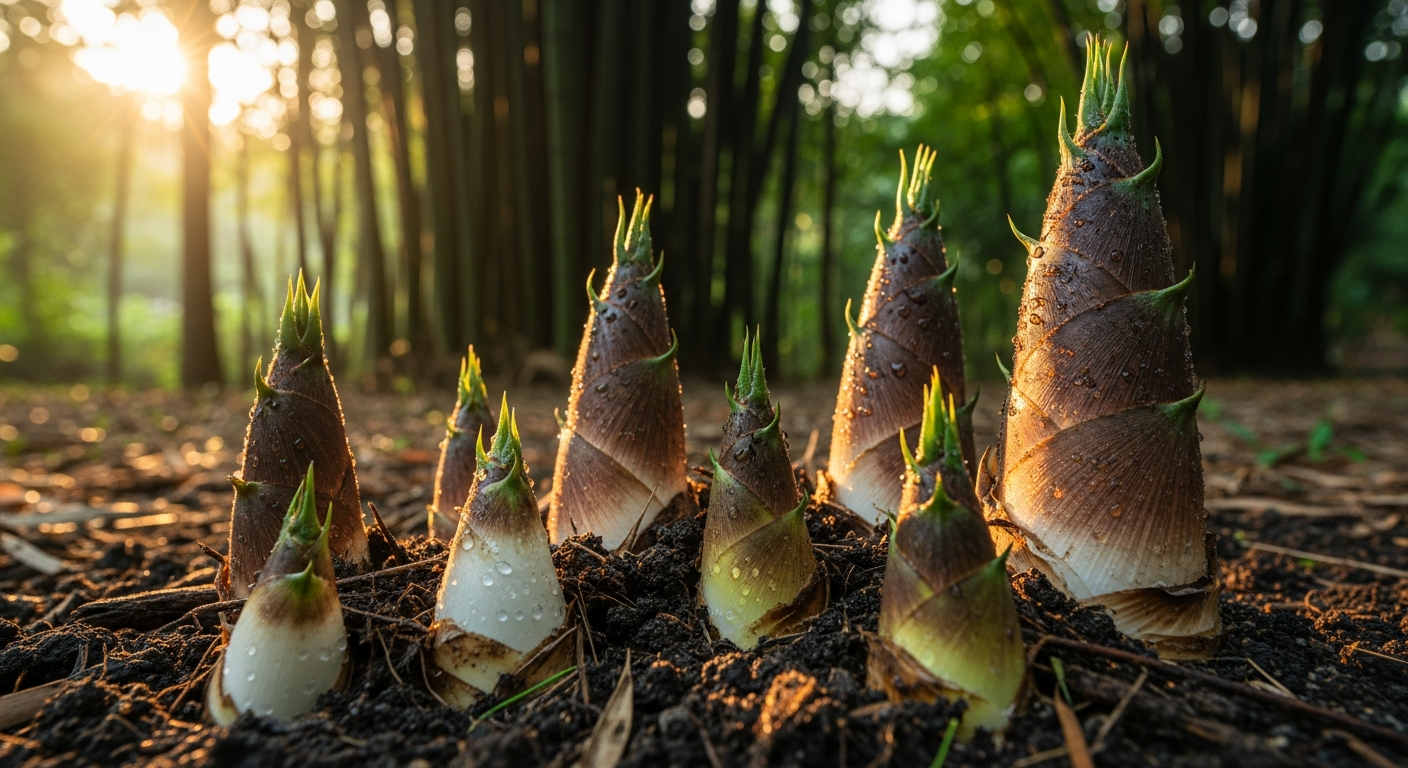 A close-up ground-level photograph of fresh bamboo shoots emerging from rich, dark soil in a lush garden setting, captured in soft morning sunlight with golden hour glow filtering through existing bamboo stalks in the background. The focal point shows several pointed, cone-shaped bamboo shoots in various stages of emergence, with their distinctive layered sheaths visible in cream and pale green tones. The shoots appear in sharp detail against the blurred bokeh of mature bamboo culms towering behind them. Dewdrops cling to the tender new growth, catching the natural light. The composition includes the textured earth around the base of the shoots, with small particles of soil still clinging to the emerging structures. The scene captures the dramatic height difference between the young shoots and the established bamboo grove, with dappled sunlight creating natural shadows and highlights across the forest floor. The authentic Instagram photography style emphasizes the organic textures, natural color palette of greens and earth tones, and the sense of rapid natural growth in this serene garden environment.
