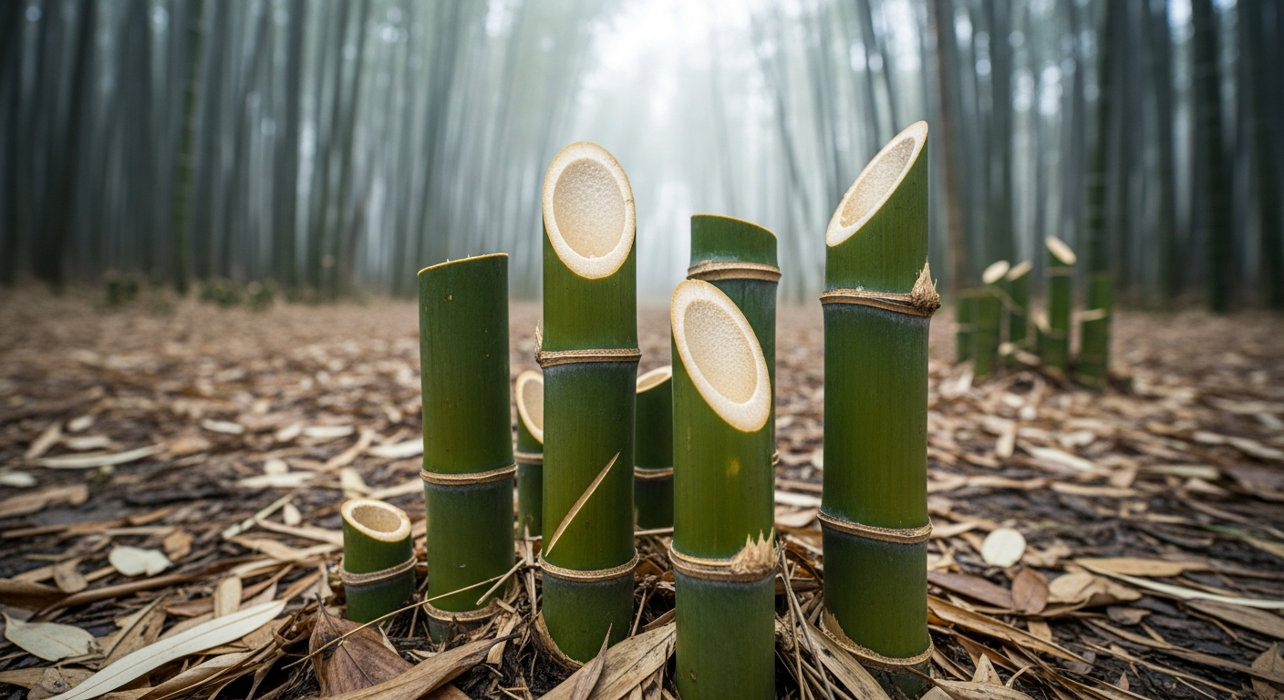 A close-up outdoor photograph of freshly pruned bamboo stalks in late autumn, with clean diagonal cuts visible on the green canes, surrounded by dormant bamboo grove in soft overcast natural light, fallen brown leaves scattered on the ground, misty morning atmosphere suggesting the approach of winter, shallow depth of field focusing on the cut stems in the foreground while mature bamboo forest blurs in the background, authentic garden photography style with muted earth tones and cool color temperature