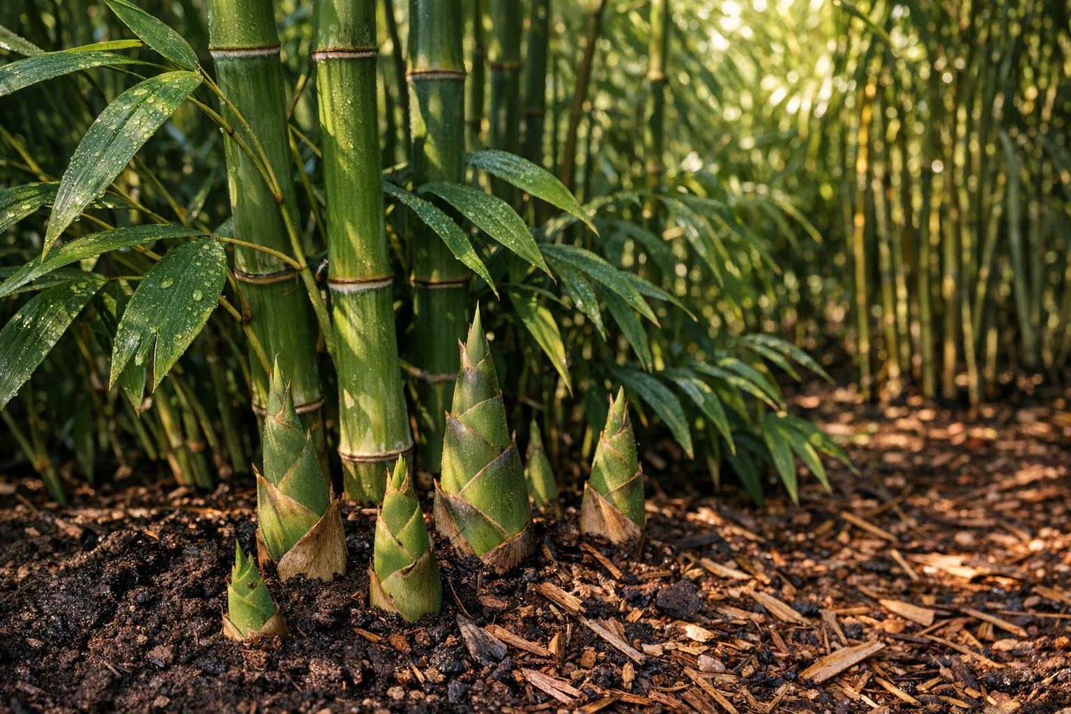 A close-up overhead shot of a lush bamboo grove captured in natural daylight, showing multiple bamboo stalks at different heights and stages of growth creating a layered canopy effect. The composition features fresh green bamboo shoots emerging from rich dark soil in the foreground, medium-height stalks with vibrant leaves in the middle ground, and tall mature bamboo canes reaching toward filtered sunlight in the background. Dappled natural light streams through the dense foliage creating dramatic shadows and highlighting the varied textures of smooth bamboo stems and delicate leaves. The depth of field emphasizes the progression from new growth to established plants, with morning dew visible on some leaves. Shot from a slightly elevated angle in a residential garden setting with organic mulch visible around the base of the plants, authentic outdoor photography style with rich greens and earth tones.