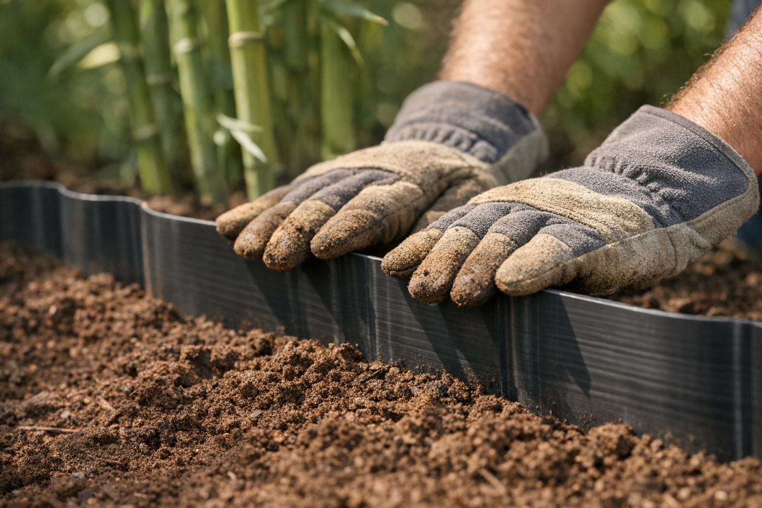 A close-up outdoor photograph of hands in gardening gloves pressing down on a dark rigid plastic barrier edge protruding slightly above rich brown soil, with vibrant green bamboo stalks visible in soft focus in the background, natural afternoon sunlight creating dappled shadows across the garden bed, authentic DIY home improvement photography style with shallow depth of field, earthy tones of soil contrasting with the manufactured barrier material, realistic gardening scene captured during installation work