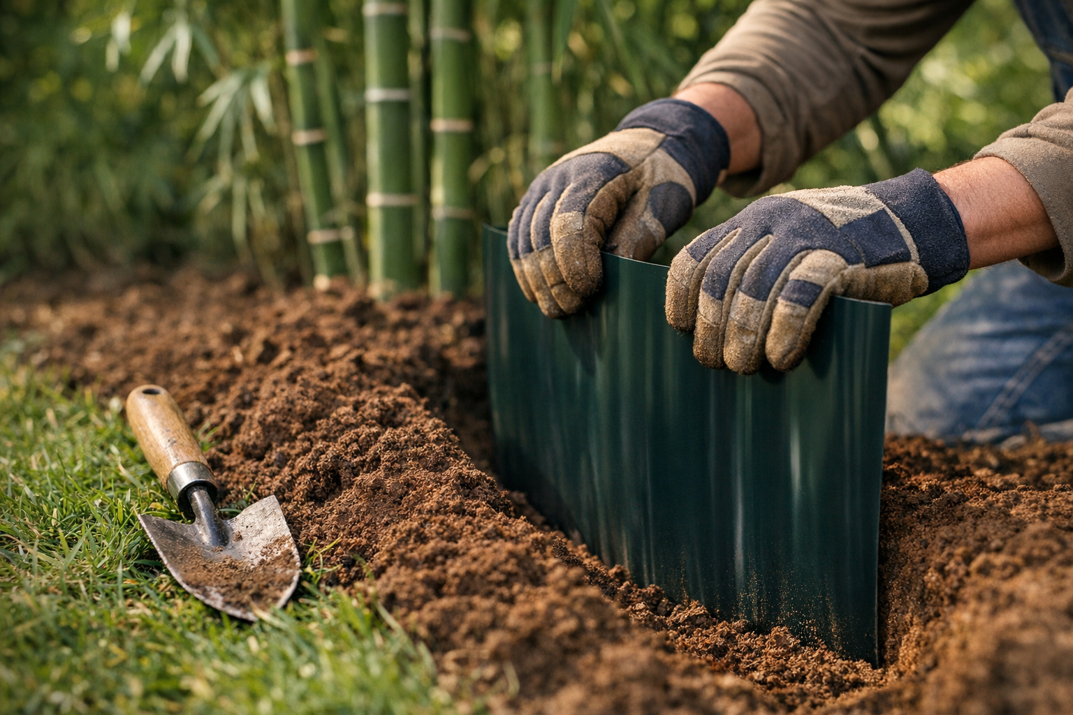 A ground-level outdoor photograph showing a person's hands wearing work gloves installing a dark green or black plastic barrier sheet vertically into a freshly dug trench in rich brown soil, with tall green bamboo stalks with characteristic segmented canes and delicate leaves visible in the soft-focused background, natural daylight casting gentle shadows across the garden scene, a small spade or trowel resting on the grass beside the trench, authentic DIY gardening moment captured in bright afternoon sunlight with shallow depth of field