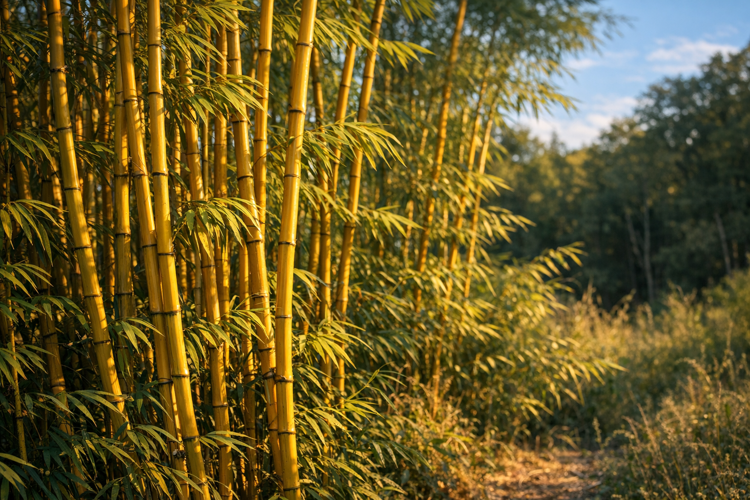 A striking nature photography scene showing dense golden bamboo stalks with their characteristic bright yellow-green canes growing in a natural outdoor setting, their tall stems creating vertical lines against a soft-focus forest background. The bamboo grove catches warm natural sunlight filtering through the canopy, illuminating the golden hues of the mature culms and creating a gentle contrast with darker wooded areas visible in the distance. The composition emphasizes the invasive spread pattern with bamboo plants extending into wild terrain, their feathery leaves creating texture against blue sky glimpses. Shot with shallow depth of field in authentic documentary style, the photograph captures the botanical subject matter from a mid-distance perspective showing both the beauty and aggressive growth characteristics of the species in an undeveloped landscape setting during golden hour lighting.