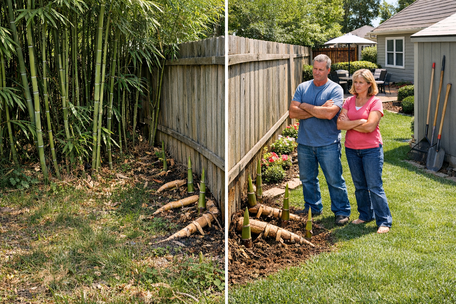 A split-scene outdoor photograph showing two contrasting residential backyards separated by a wooden fence, captured in bright natural midday sunlight. On the left side, an overgrown yard with tall bamboo stalks aggressively spreading and pushing against the fence line, their dense green canes creating shadows across an unkempt lawn. On the right side, a pristine manicured yard with neatly trimmed grass, organized flower beds, and concerned homeowners standing with crossed arms looking at the encroaching bamboo shoots breaking through the fence barrier. The scene includes visible bamboo rhizomes emerging from the soil near the property line, garden tools leaning against a shed, and natural suburban landscaping elements. Shot from a slightly elevated angle showing the clear property division and the invasive nature of the bamboo growth, with authentic residential architecture and outdoor furniture visible in the background, warm afternoon lighting casting realistic shadows across both yards.