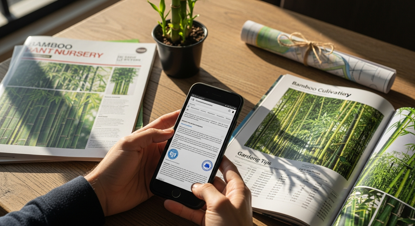A close-up overhead shot of hands holding a smartphone displaying a government website or regulatory page, surrounded by bamboo plant nursery catalogs and gardening magazines spread across a rustic wooden table, with a potted bamboo seedling and a rolled-up property map visible in the background, captured in warm natural window light casting soft shadows across the workspace, shot in authentic lifestyle photography style with shallow depth of field focusing on the research materials