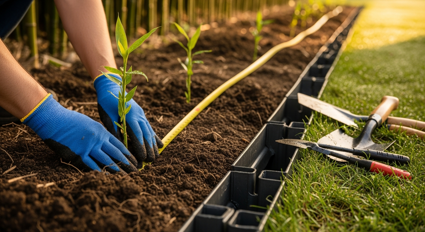 A close-up outdoor shot of hands in work gloves carefully planting bamboo shoots in rich, dark soil, with a measuring tape stretched across the ground and metal root barrier panels partially visible in the earth. Natural morning sunlight filters through existing bamboo stalks in the soft-focused background, creating dappled shadows across the installation site. A small spade and gardening tools rest on the grass beside a neat trench lined with professional-grade containment material. The composition captures the precise, methodical nature of proper bamboo planting, with dewdrops still visible on the young green bamboo leaves and the golden hour light emphasizing the texture of the soil and the metallic sheen of the barrier system.