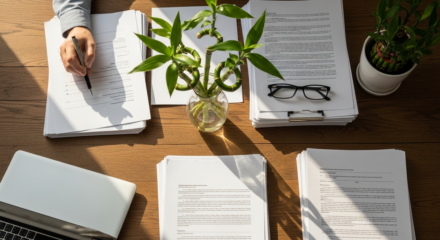 A flat lay photograph on a rustic wooden desk featuring organized stacks of official documents and paperwork spread out neatly, surrounded by fresh bamboo stalks in a glass vase, a laptop partially visible at the edge showing a blank screen, reading glasses resting on the papers, a potted lucky bamboo plant in the corner, and a hand holding a pen hovering over the documents as if reviewing them carefully. Natural window light streams across the scene from the left side, creating soft shadows and highlighting the green bamboo leaves. The composition has an authentic overhead shot aesthetic with warm, earthy tones and a professional yet approachable home office atmosphere, captured in the style of lifestyle Instagram photography with shallow depth of field.