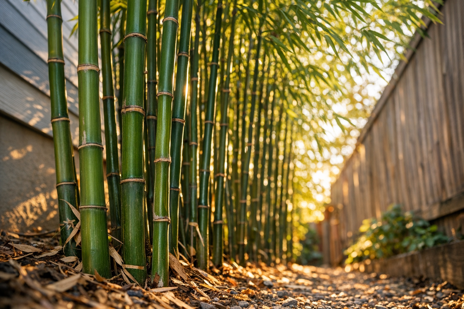 A close-up ground-level photograph of tall, slender bamboo stalks growing densely together in a narrow side yard between two structures, their green canes creating a natural vertical screen. Golden hour sunlight filters through the bamboo leaves creating dappled shadows on the ground, with the narrow planting strip measuring only two to three feet wide. The bamboo culms are various shades of green, tightly clustered together, their delicate feathery foliage swaying gently at the top. The perspective emphasizes the vertical growth pattern and space-saving quality, shot from a slight upward angle showing how the bamboo maximizes the confined area. Natural depth of field with the foreground stalks in sharp focus while the background softly blurs, authentic outdoor photography style with organic lighting and real garden setting.