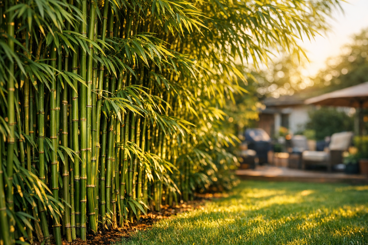 A lush garden scene photographed during golden hour showing a dense wall of tall bamboo stalks creating a natural privacy screen, their green culms closely packed together with feathery leaves creating a thick barrier, soft afternoon sunlight filtering through the foliage casting dappled shadows on a manicured lawn, shallow depth of field focusing on the bamboo grove's texture and density while a blurred residential backyard setting appears in the background, shot from a low angle to emphasize the height and screening capability of the bamboo plants, natural outdoor lighting with warm tones, authentic lifestyle garden photography style