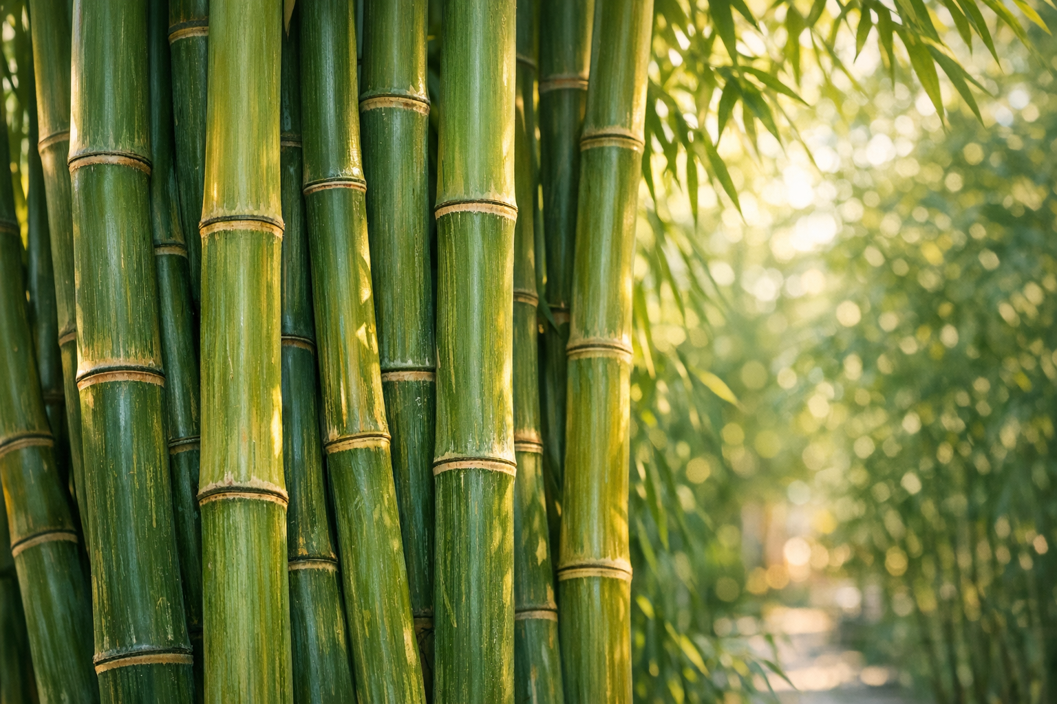 A close-up photograph of tall, dense bamboo stalks forming a natural privacy screen, shot in soft morning light with a shallow depth of field. The foreground shows thick green bamboo canes tightly clustered together, their nodes and natural segmentation clearly visible, creating an impenetrable wall of vegetation. Sunlight filters through the bamboo leaves above, casting dappled shadows on the smooth cylindrical stems. The background shows more bamboo foliage softly blurred, with hints of a residential garden setting. The composition emphasizes the interlocking nature of the bamboo grove, with canes of varying thicknesses standing closely together, their natural golden-green hues creating a serene, organic barrier that completely blocks the view beyond.