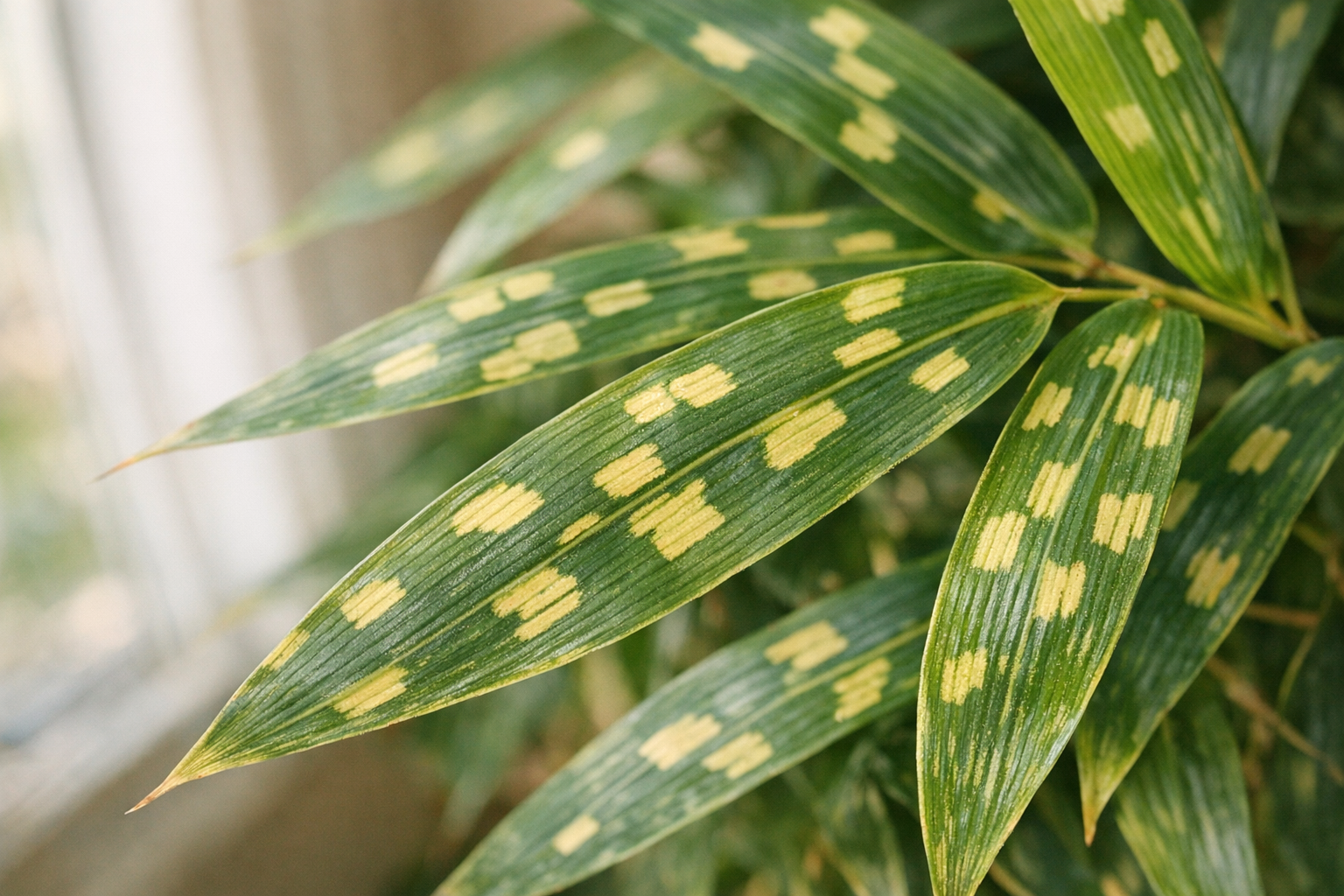 A close-up lifestyle photograph of bamboo plant leaves displaying pale yellow rectangular patches on their surface, captured in soft natural window light with shallow depth of field. The bamboo leaves show varying shades of green with distinct yellowish discolored areas creating an organic pattern across the foliage. Shot from a slightly angled perspective showing multiple overlapping bamboo leaves, some in sharp focus revealing the texture and color variations while others gently blur into a bokeh background. The composition features the characteristic long, slender bamboo leaves with their parallel veining visible, photographed in an indoor plant setting with warm, diffused daylight creating subtle shadows and highlights that emphasize the contrast between the healthy green portions and the pale yellow affected areas. The aesthetic captures an authentic plant care documentation style typical of gardening social media content, with natural colors and realistic lighting that showcases the actual condition of the foliage without filters or artificial enhancement.