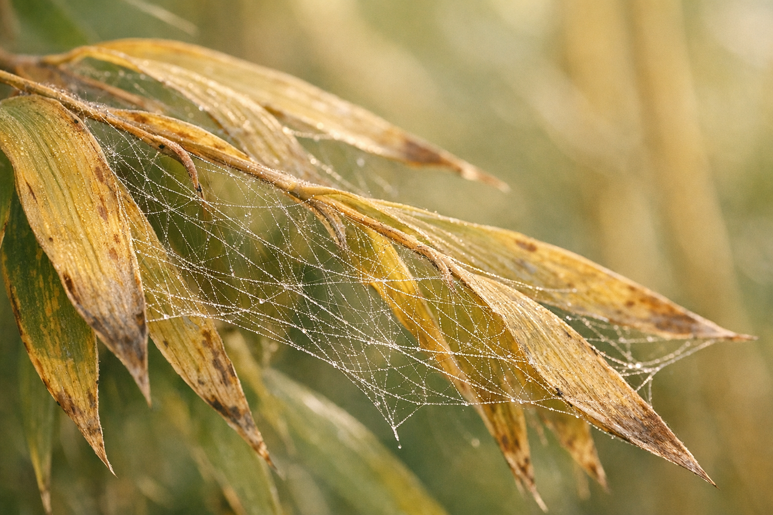 A close-up macro photograph of delicate spider mites' webbing stretched across yellowing bamboo leaves in soft morning light, with the intricate silk threads creating a gossamer network pattern between the drooping foliage, shot with shallow depth of field where the fine web strands catch the natural sunlight and create a translucent shimmer against the pale yellow-green bamboo stalks in the blurred background, authentic plant care documentation style with visible texture of the damaged leaves and the characteristic fine webbing that spreads across multiple leaf sections