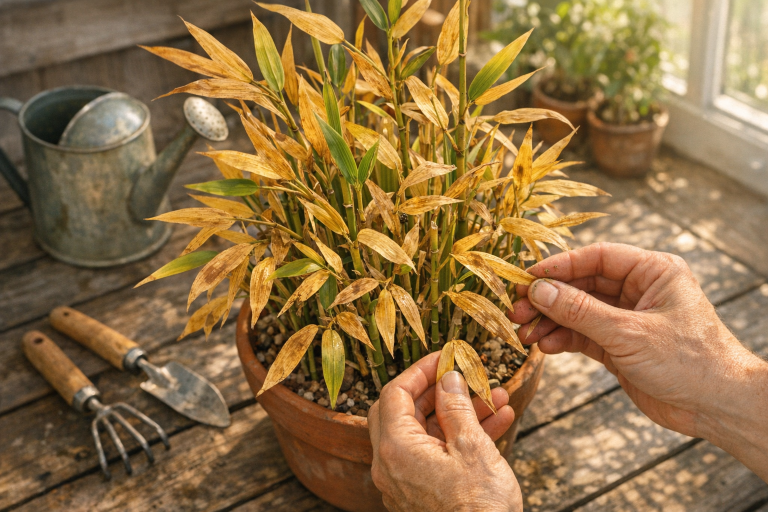 A close-up overhead shot of a bamboo plant in a terracotta pot on a wooden deck, showing numerous stalks with yellowing leaves throughout the entire plant, captured in soft morning sunlight streaming from a nearby window. The scene includes a concerned gardener's hands gently touching the discolored foliage, with a watering can and small gardening tools scattered nearby on the weathered wood surface. The natural lighting creates gentle shadows and highlights the contrast between the healthy green sections and the widespread yellow-brown discoloration affecting multiple leaves and stems, while a blurred indoor plant collection sits in the background near bright windows.
