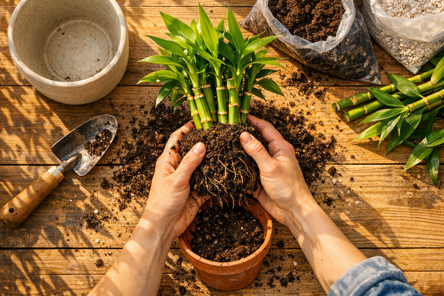 A close-up overhead shot of hands gently lifting a healthy bamboo plant from its current terracotta pot, with rich dark potting soil visible around the roots. The scene is captured on a bright wooden potting bench bathed in soft morning sunlight streaming through a nearby window. Scattered around the workspace are a larger empty ceramic planter, a small gardening trowel, bags of fresh potting mix, and several bamboo stalks with vibrant green leaves in the background. The composition shows the repotting process in action, with natural shadows cast across the rustic wooden surface, and a few stray soil particles catching the golden light. The photography style is authentic and candid, shot from directly above in that characteristic Instagram flat-lay aesthetic, with the gardener's hands showing the careful, nurturing process of transplanting the bamboo to promote healthy growth.