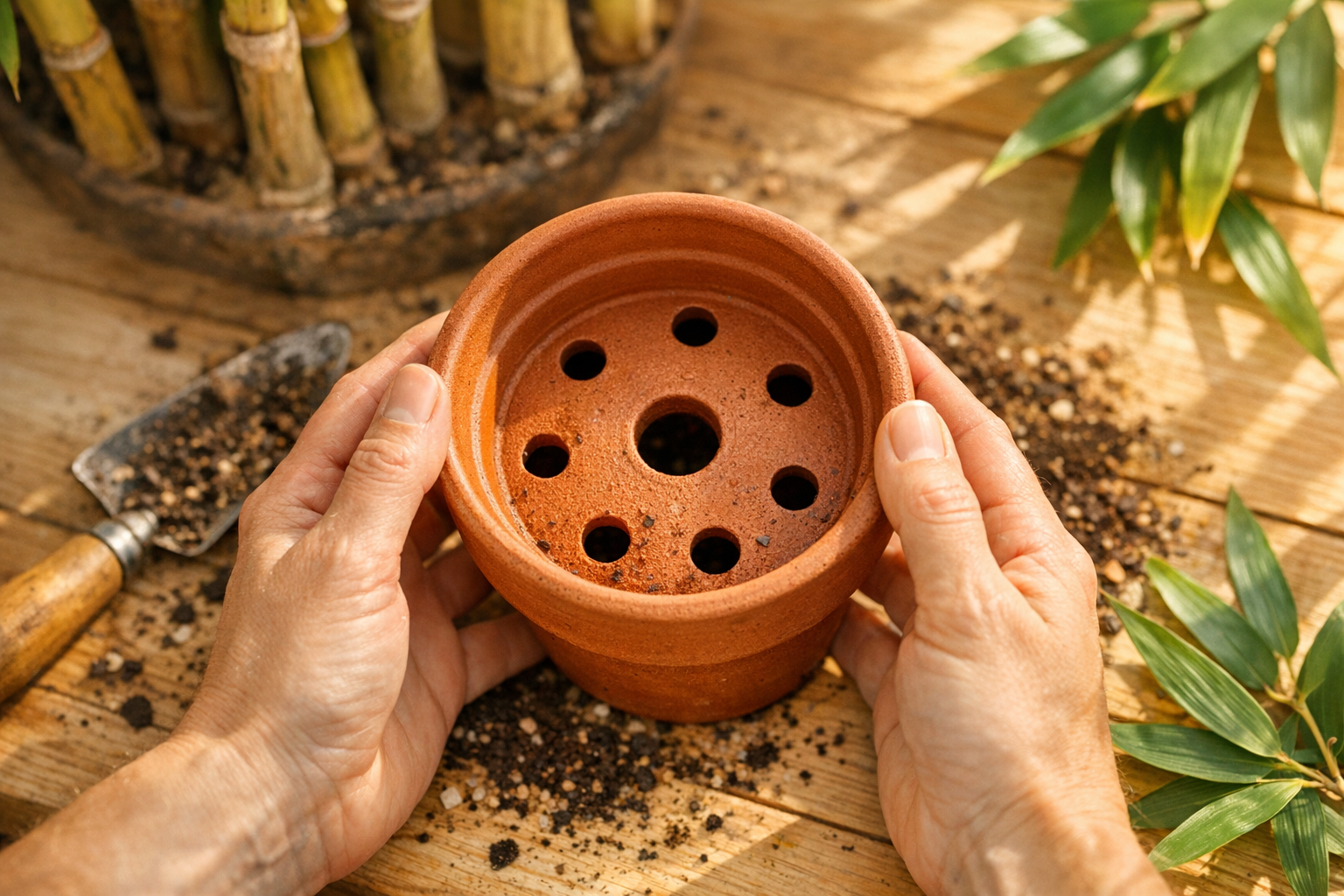 A close-up overhead shot of hands holding a terracotta pot with multiple drainage holes visible at the bottom, surrounded by yellowing bamboo stalks in soft-focus background, taken on a bright wooden potting bench with natural morning sunlight streaming from the side, scattered potting soil and healthy green bamboo leaves artfully arranged around the workspace, shot in warm natural tones with shallow depth of field creating an authentic gardening lifestyle aesthetic