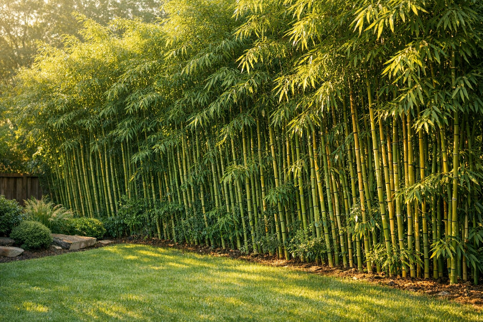 A serene backyard garden scene captured in soft morning light, featuring a dense, lush wall of tall bamboo stalks creating a natural green privacy barrier along a property line. The bamboo canes rise elegantly from the ground, their slender stems in varying shades of green creating beautiful vertical lines, with delicate feathery leaves cascading down from the tops. Sunlight filters through the bamboo foliage, creating dappled shadows on a manicured lawn below. The bamboo hedge appears thick and full, demonstrating how the plants grow closely together to form an impenetrable screen. In the foreground, a peaceful garden space with natural grass shows the practical result of the privacy screen, while the bamboo's graceful culms sway gently, their leaves catching the golden hour light. The composition emphasizes the height and density of the bamboo grove, shot from a homeowner's perspective looking along the natural fence line, with shallow depth of field highlighting the organic texture of the bamboo stalks and the peaceful, secluded atmosphere they create in the outdoor space.