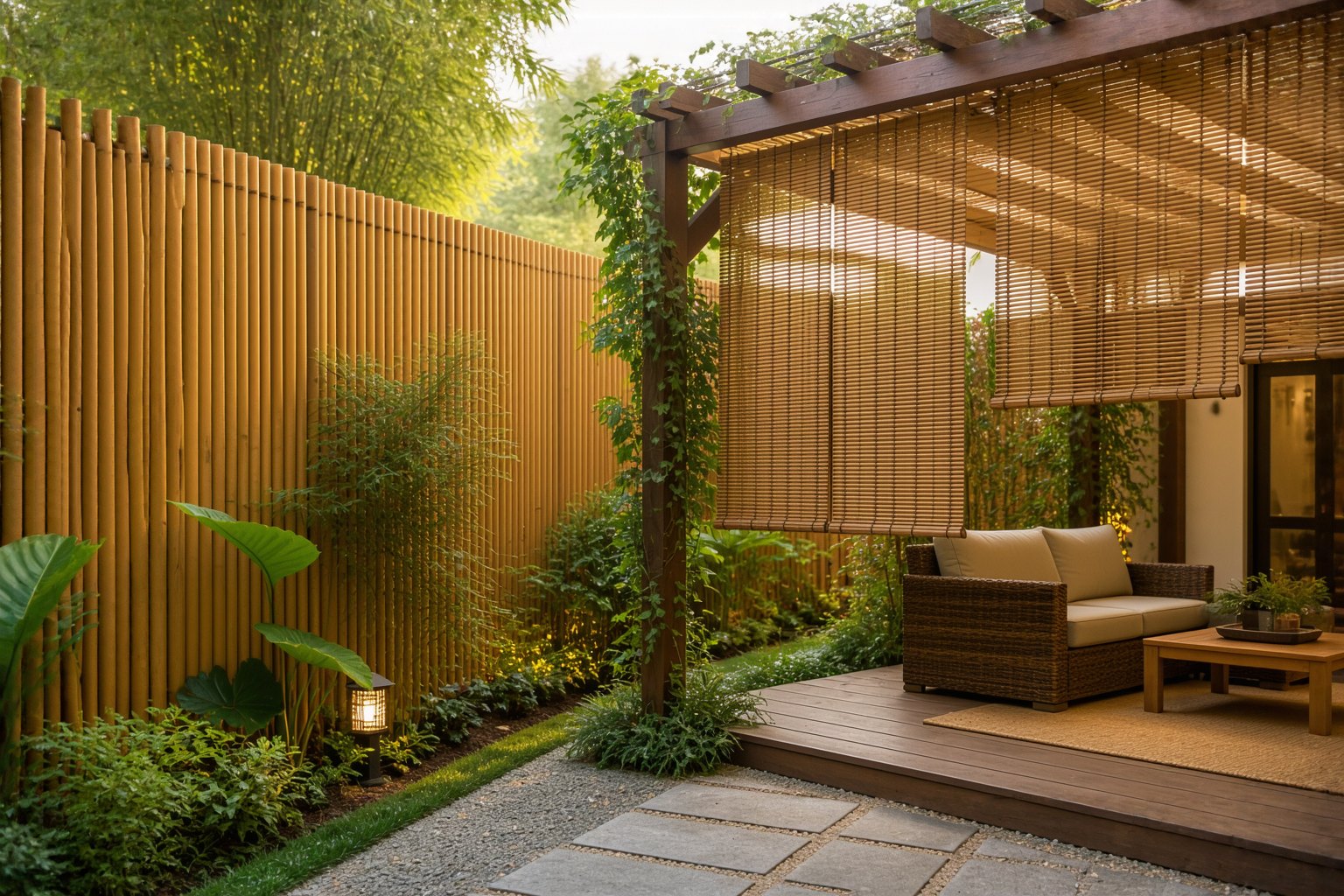 Solid bamboo privacy fence compared with an airy bamboo screen on a pergola