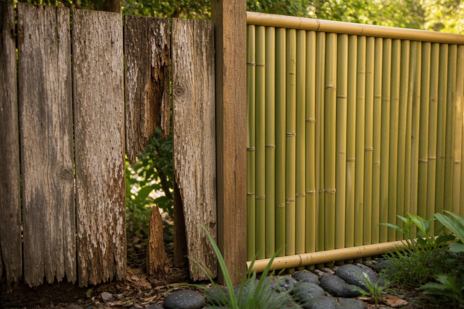 Rotted cedar fence plank beside a freshly installed bamboo privacy screen