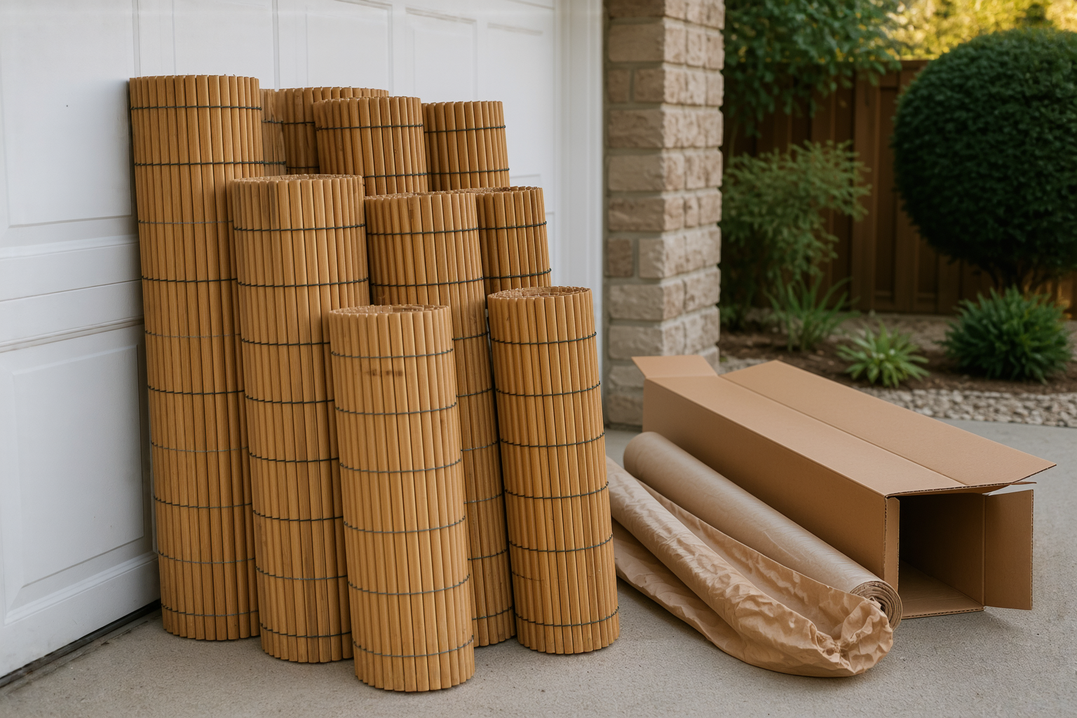 Rolled bamboo fencing panels stacked in a driveway after delivery