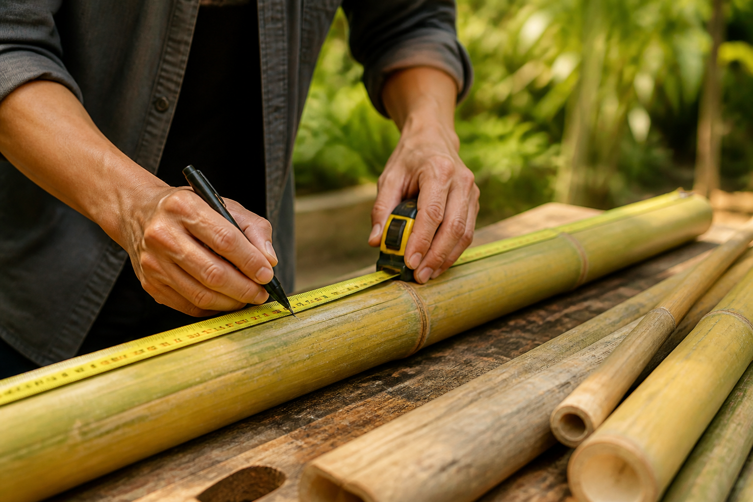 Measuring and marking a bamboo pole before cutting