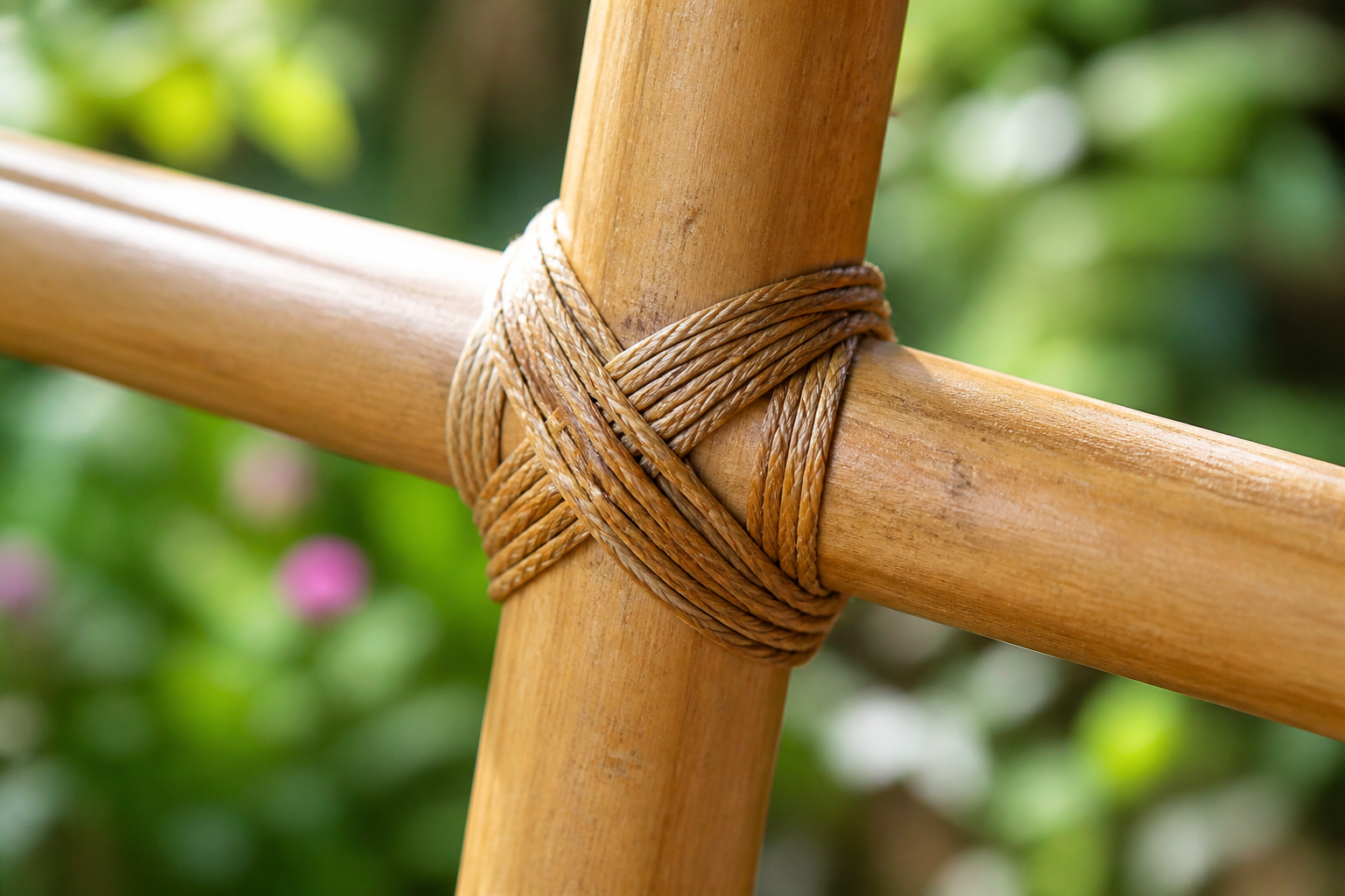 Close-up of a diagonal twine lashing joint on a bamboo arch