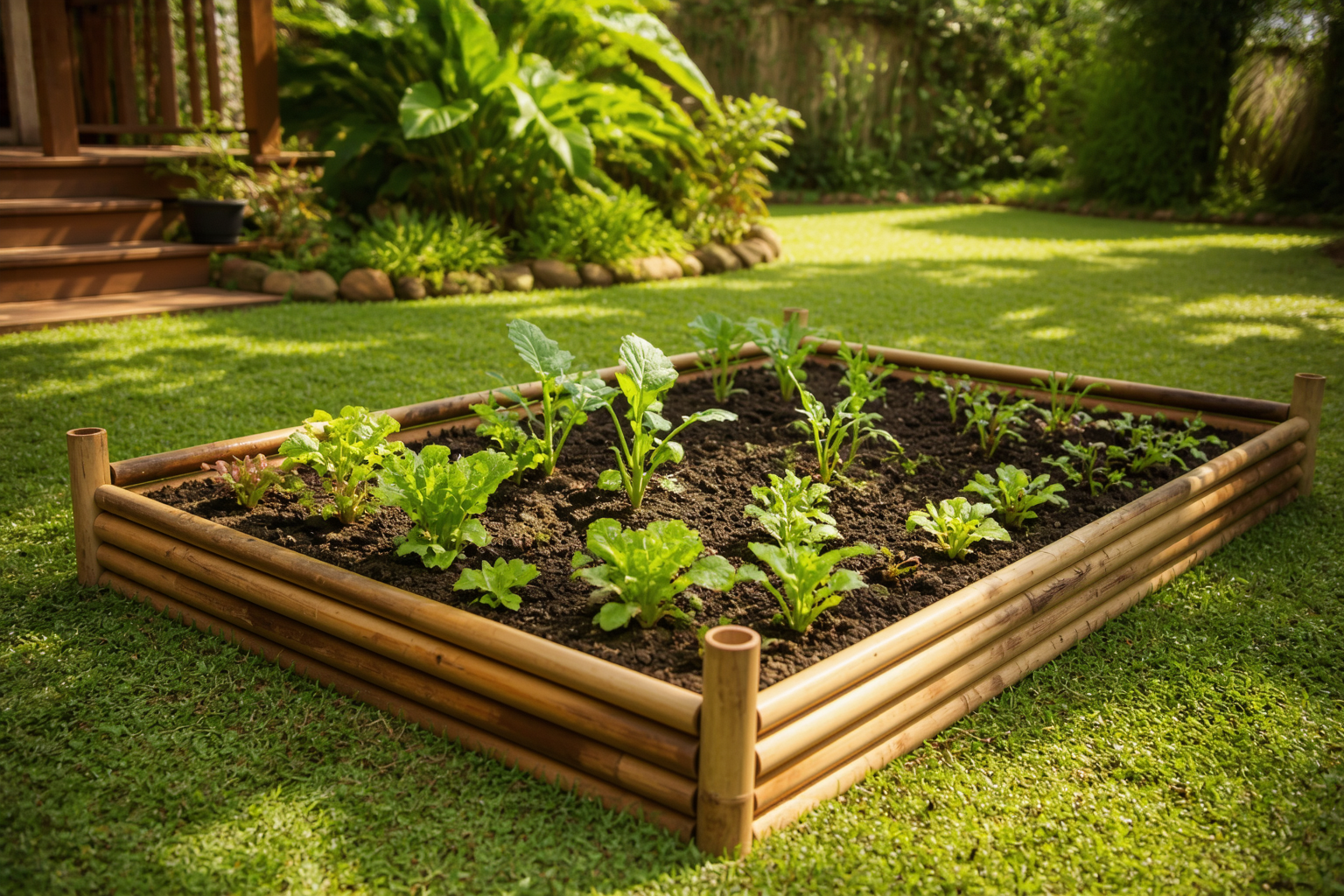 A finished bamboo-framed raised garden bed with young vegetable seedlings