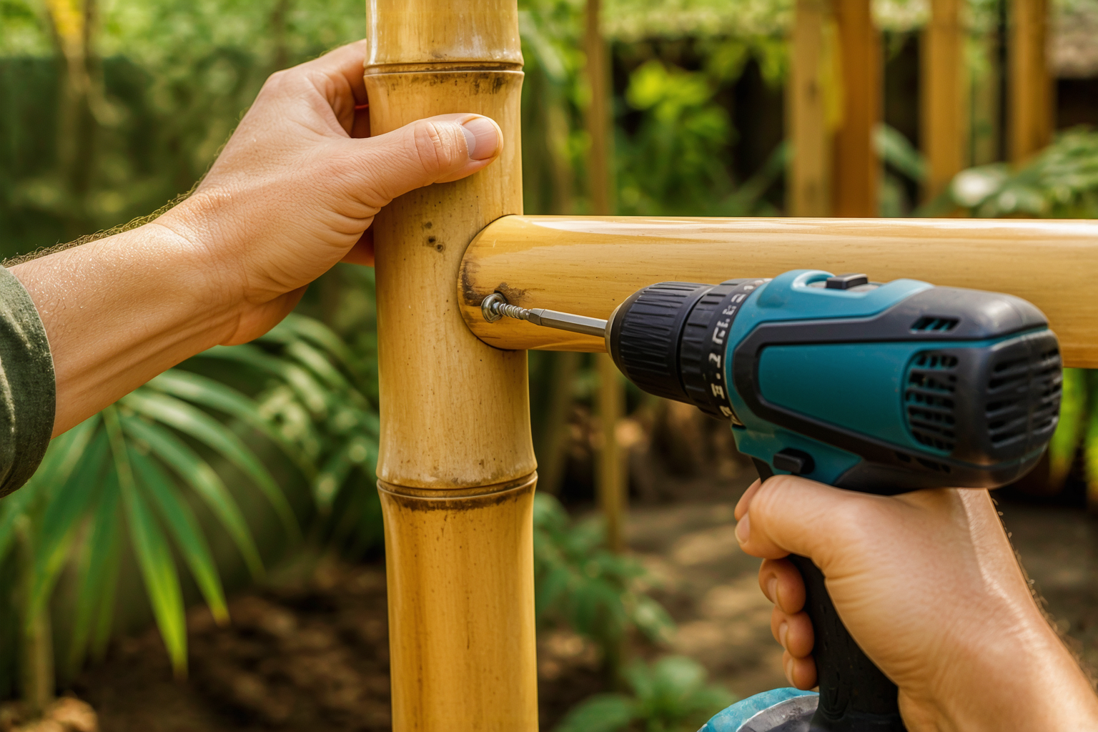 Driving a screw into a bamboo pole corner joint with a cordless drill