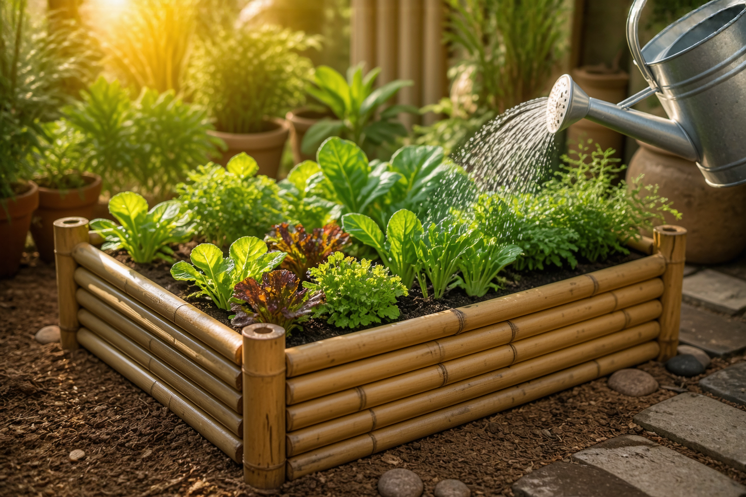Watering a completed bamboo raised garden bed in the morning