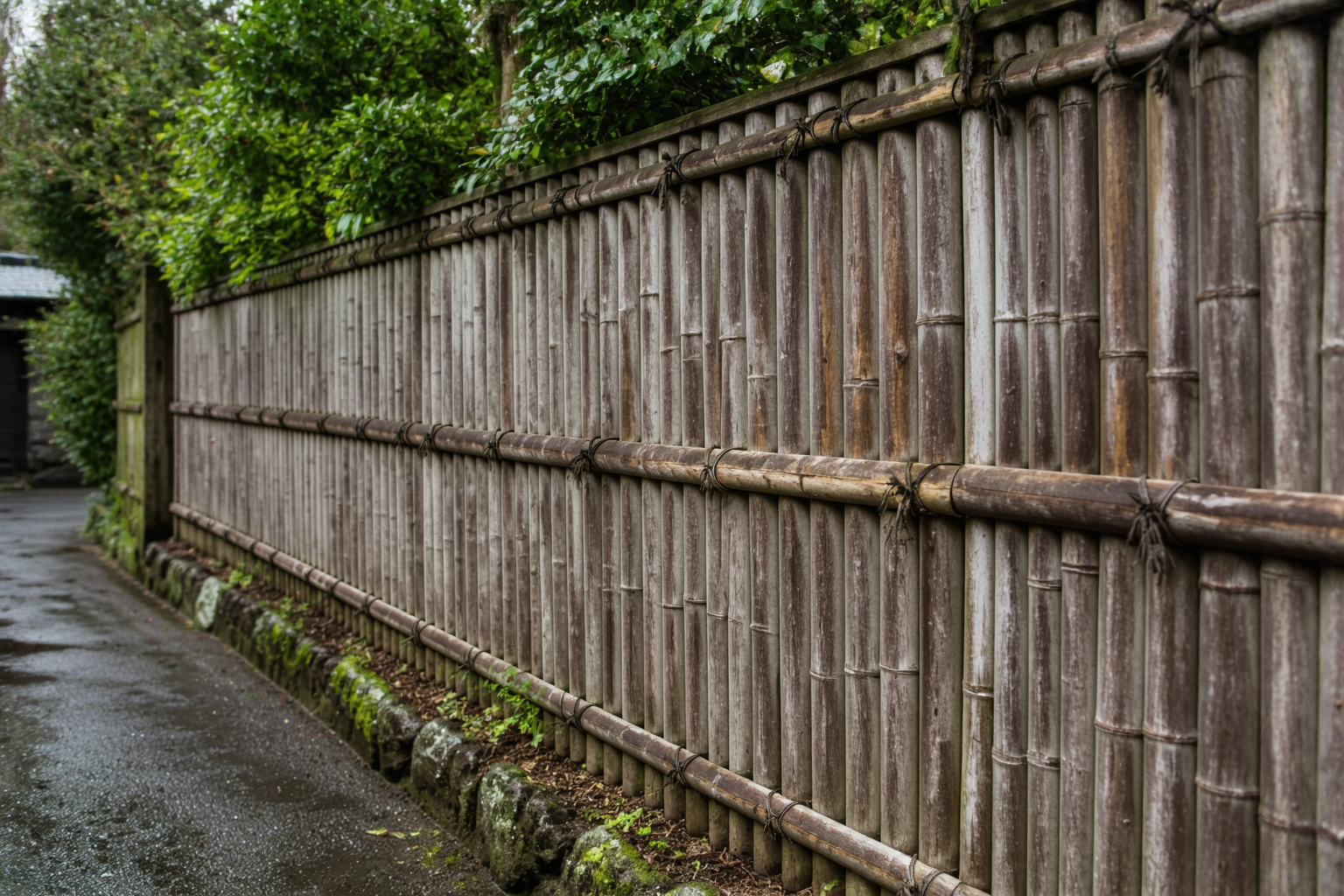 A three-year-old bamboo fence showing natural weathering and graying