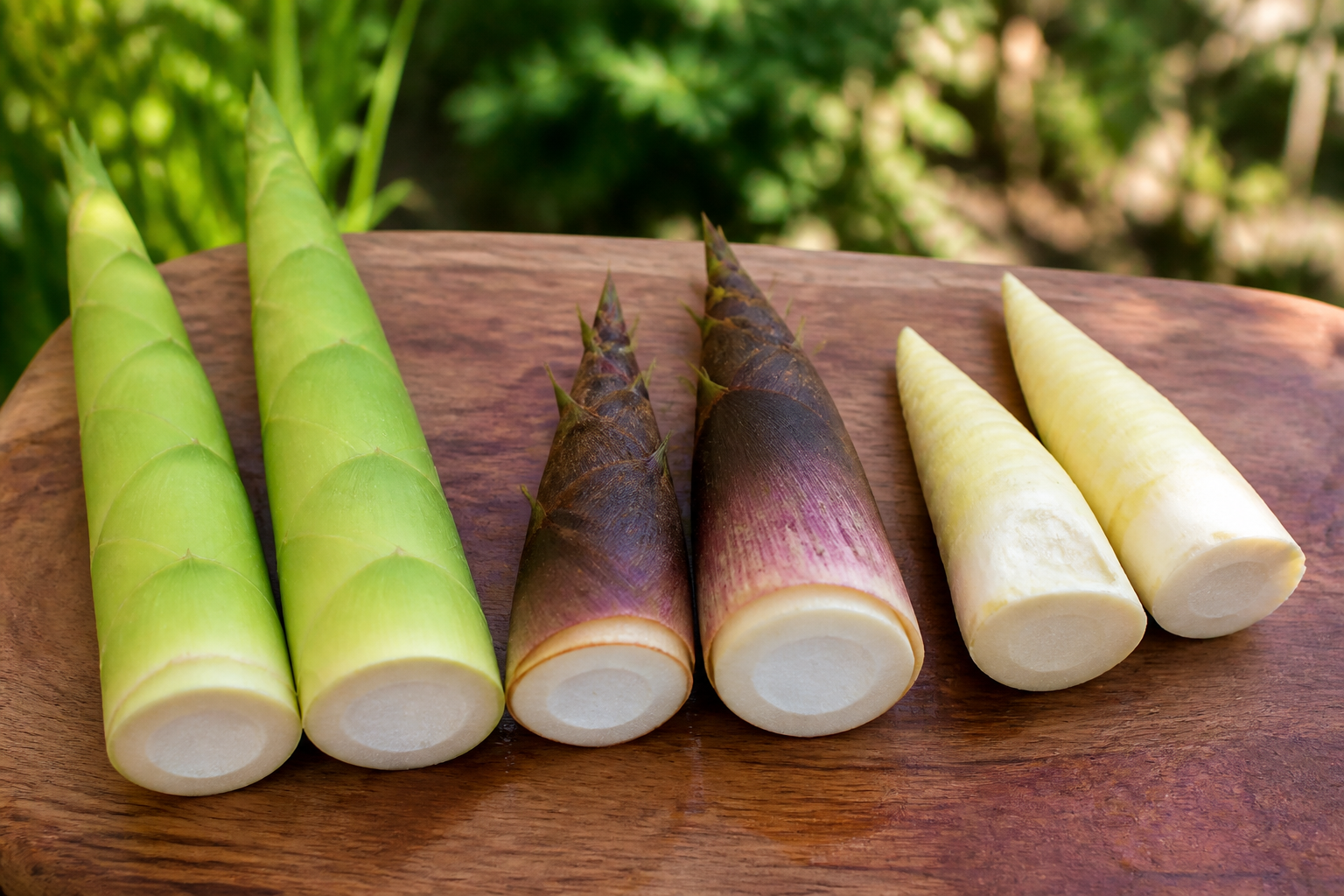Fresh-cut edible bamboo shoots from different species compared on a cutting board