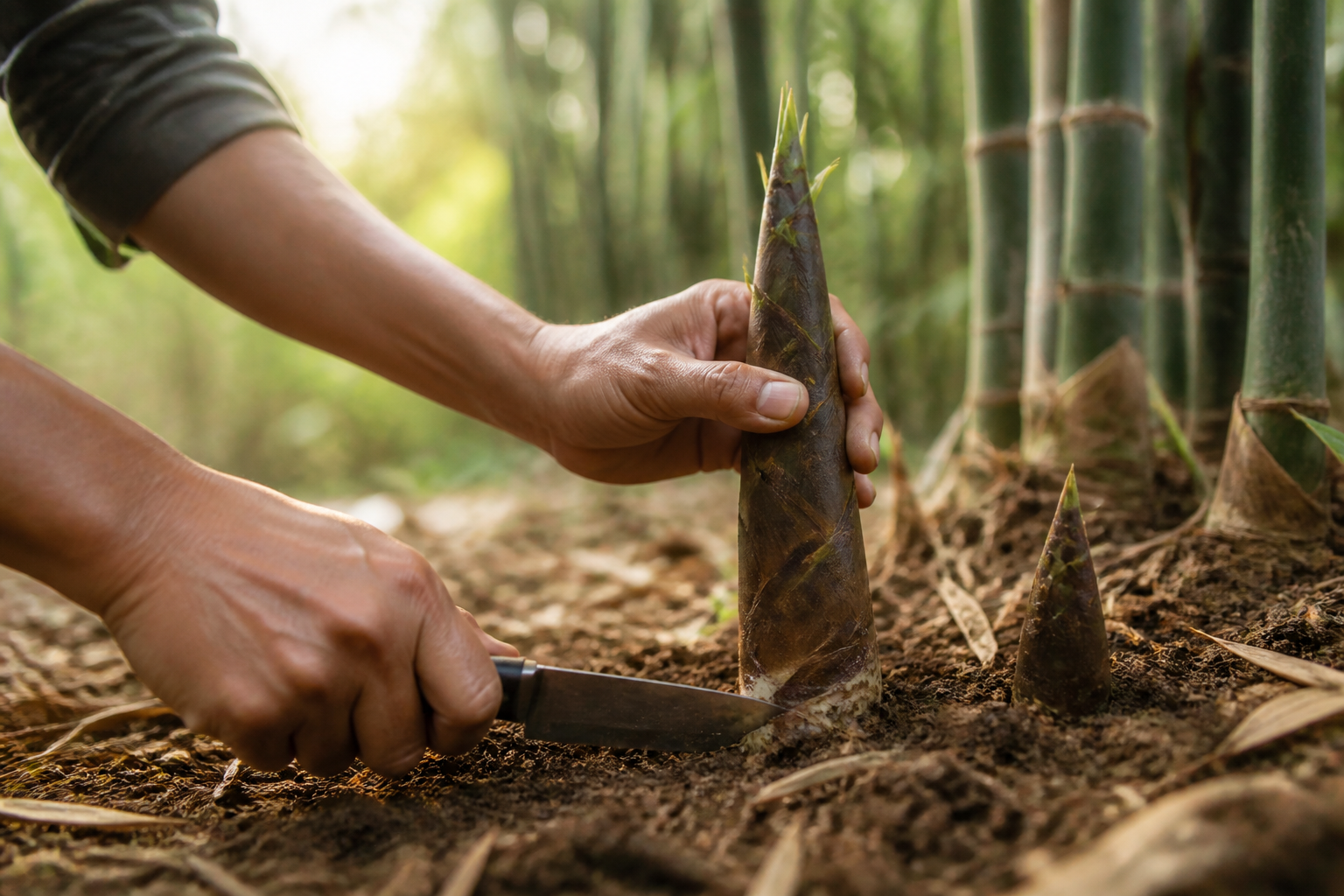 Harvesting a bamboo shoot at ground level with a knife