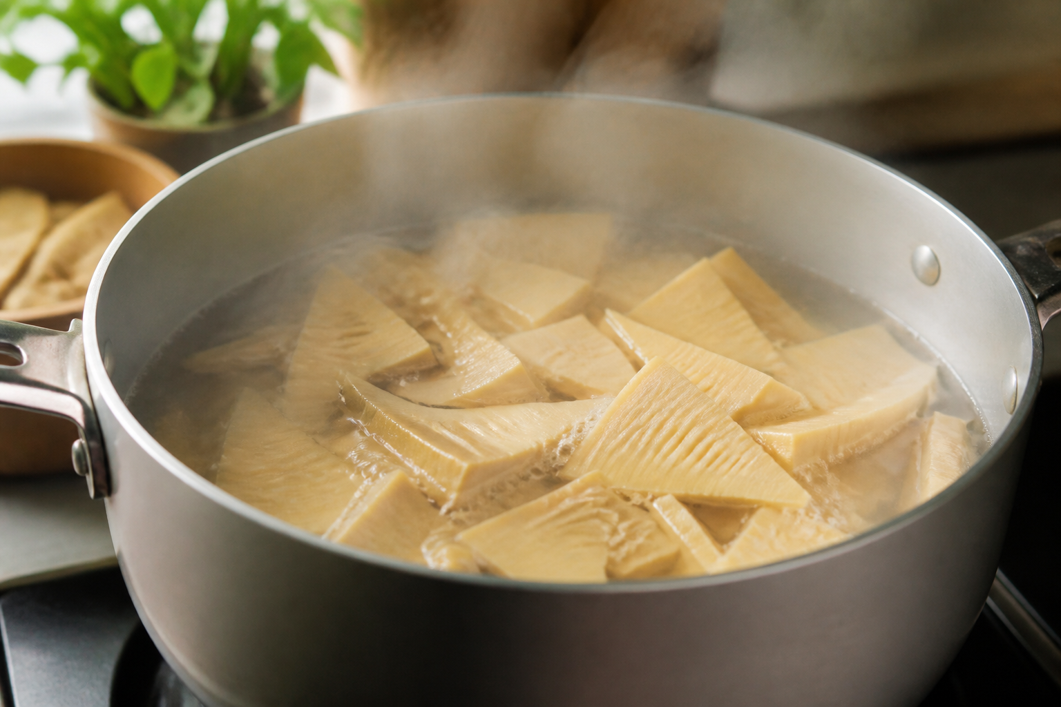 Sliced bamboo shoots simmering in a pot to remove bitterness
