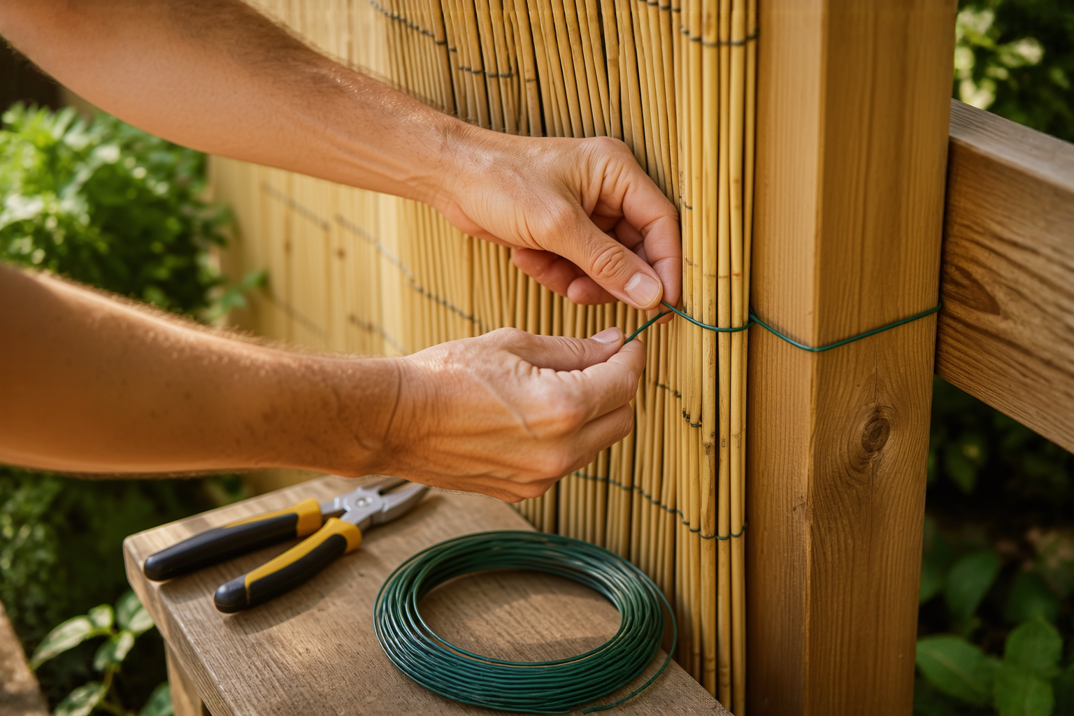 Hands fastening a bamboo screening roll to a fence post with wire ties